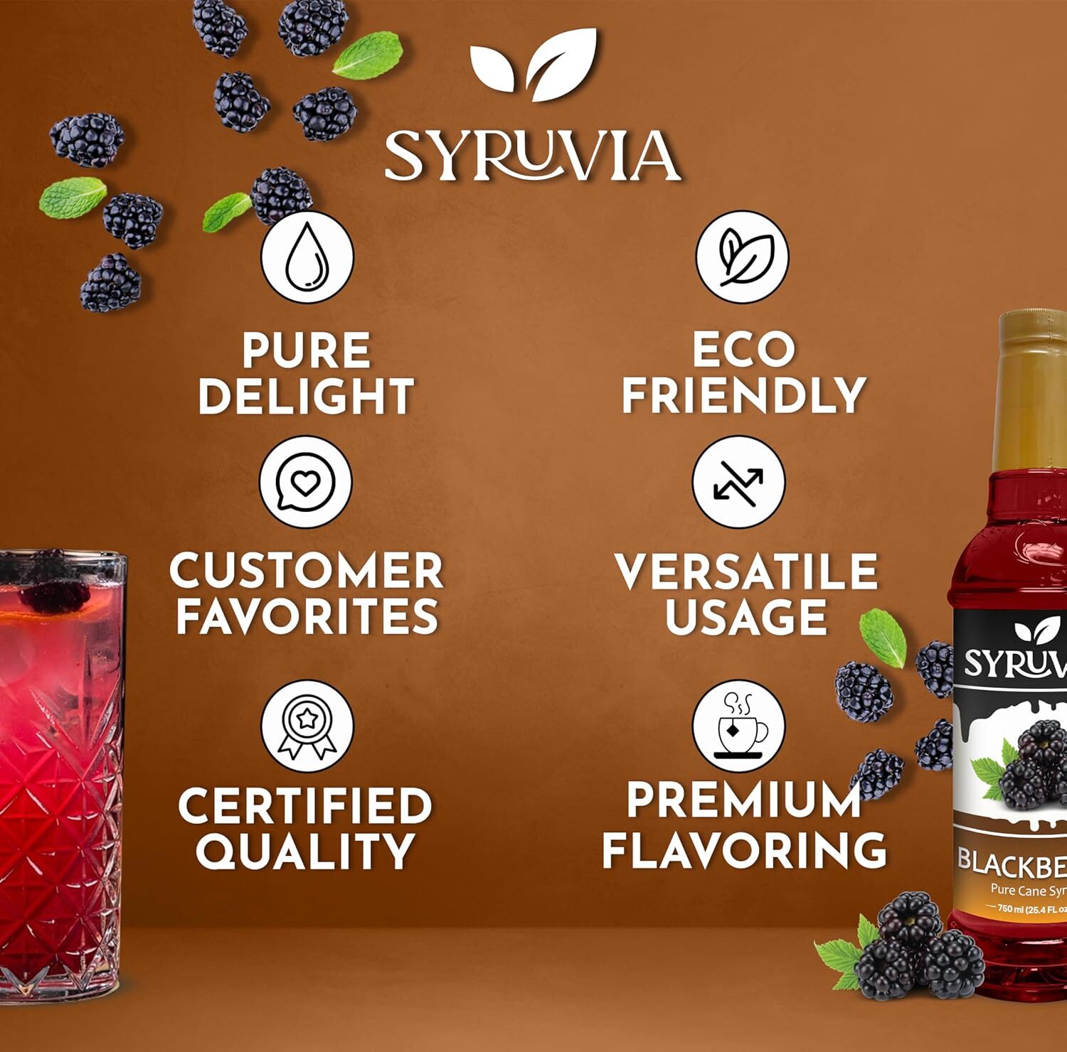 Syruvia Blackberry Syrup 25.4 fl oz, Premium Flavoring for Beverages & More