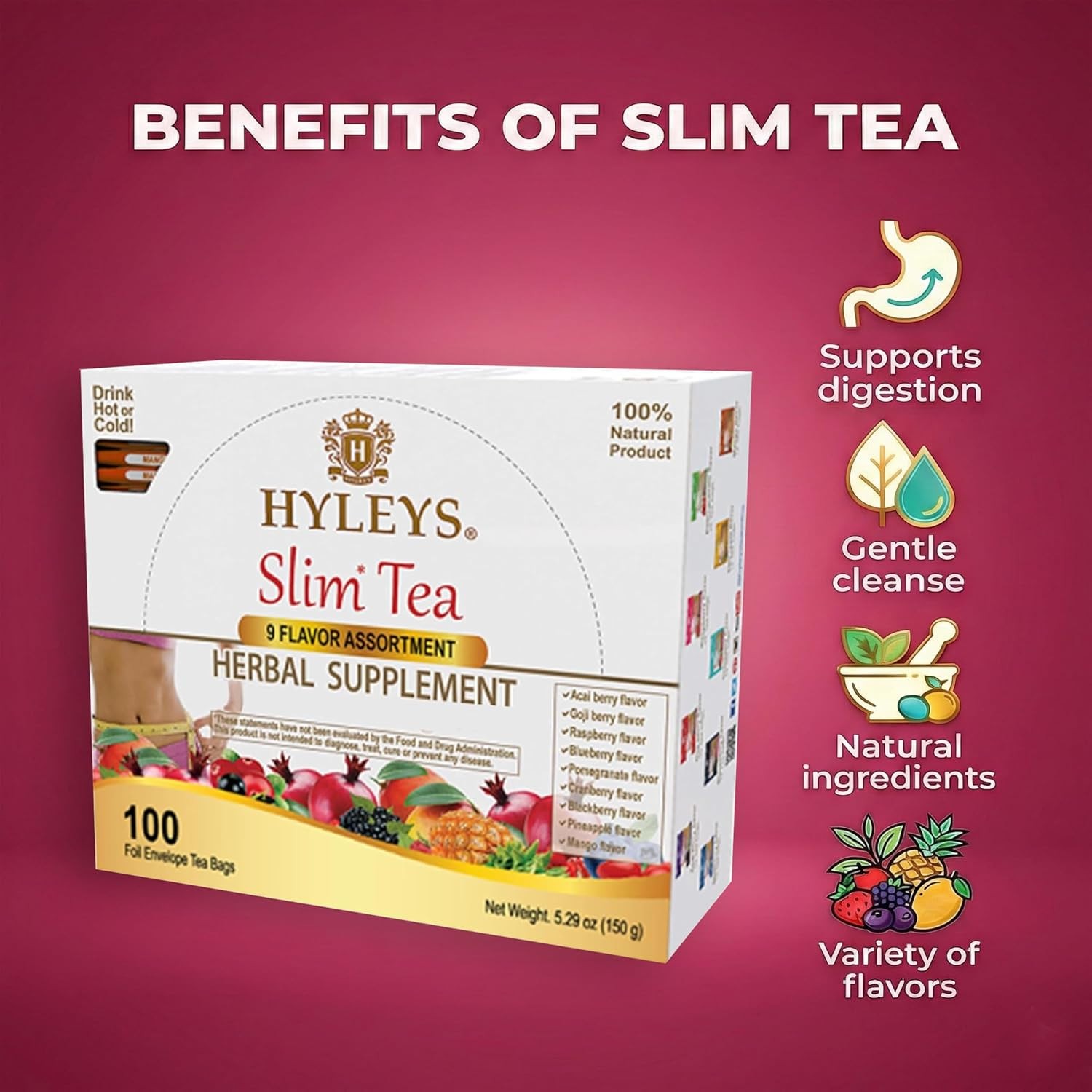 (2 PACK-BUNDLE) HYLEYS Slim Tea 9 Flavor Assortment 100 Ct Herba (200 TEA BAGS)