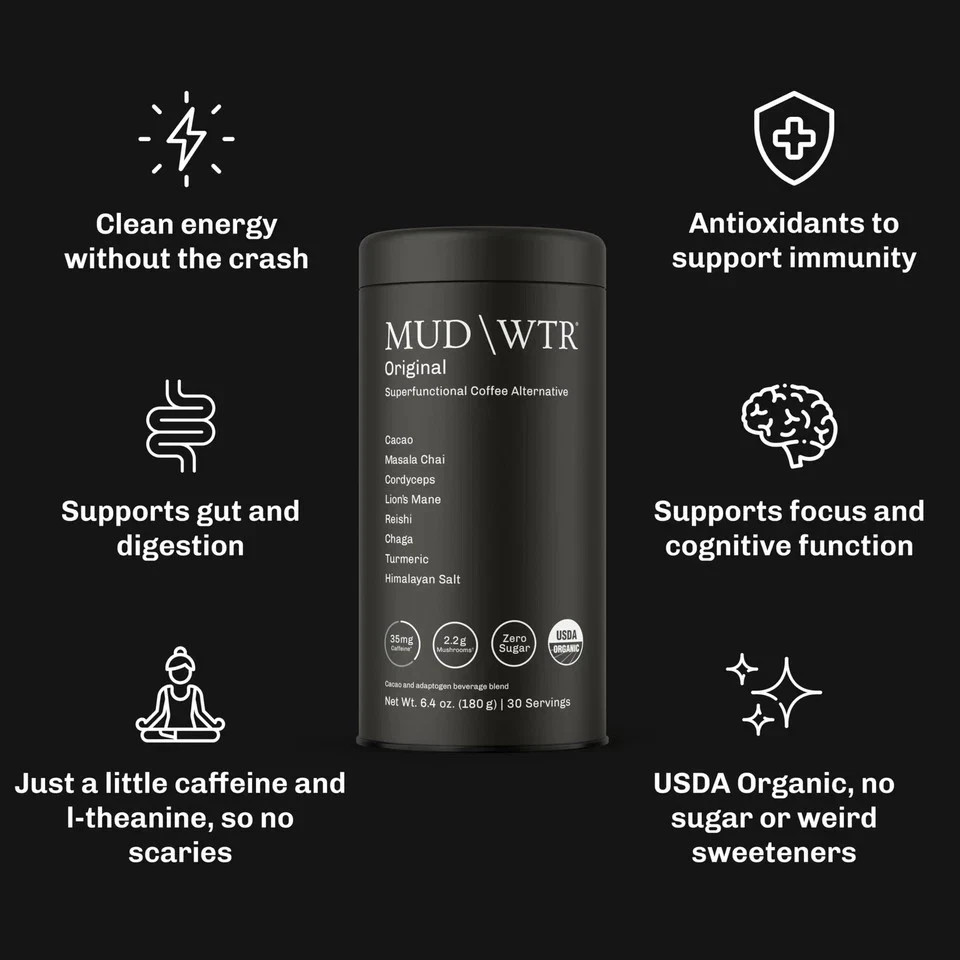 MUDWTR Original Mushroom Coffee Alternative | 2,240mg USA Grown & 30 Servings