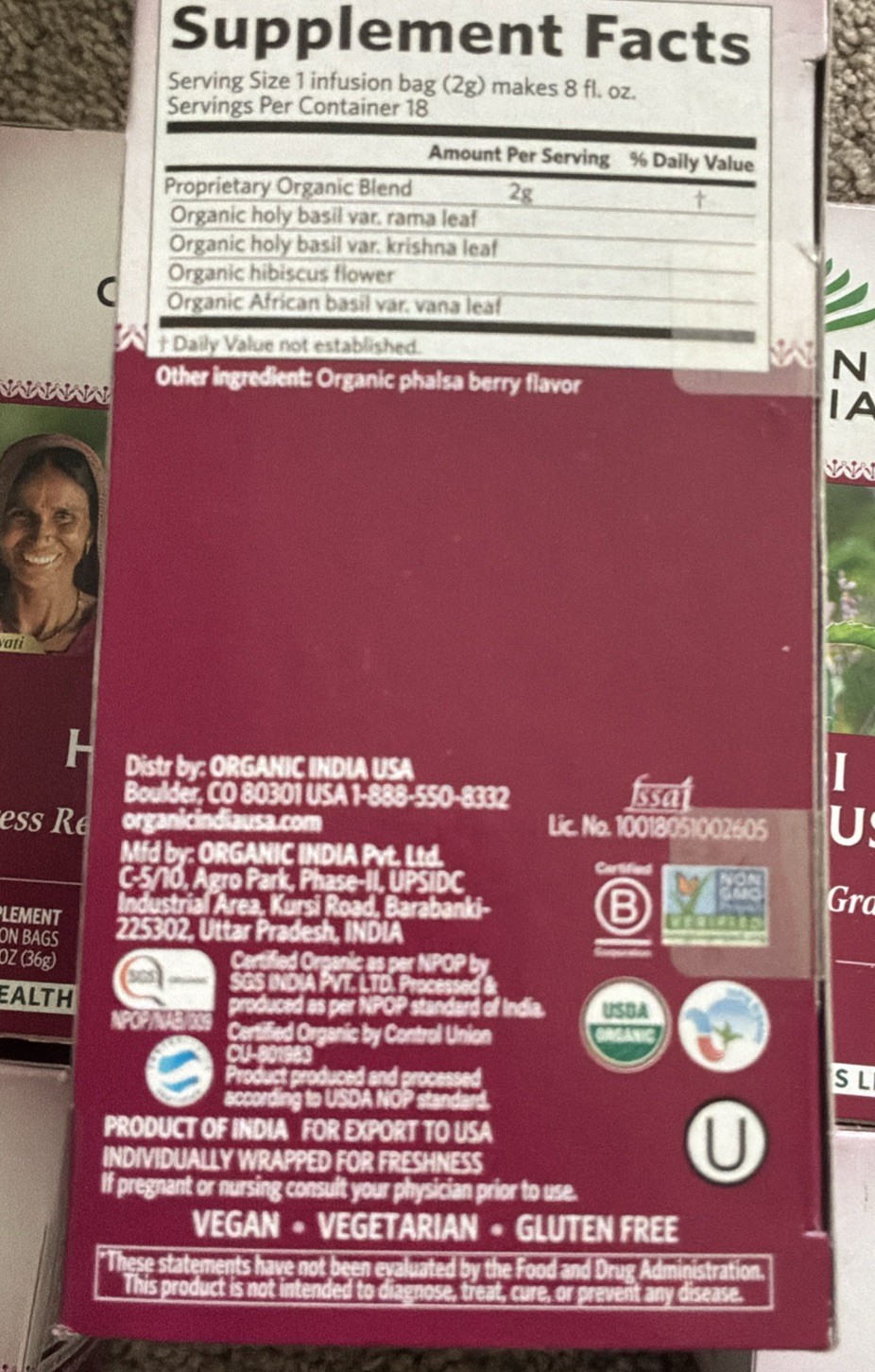 5 Tulsi Hibiscus Tea Organic India 18 Bags 90 Holy Basil Herbal Tea Stress Relax
