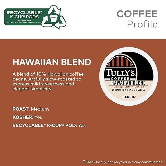 Tully’s Coffee Hawaiian Blend K-Cups, Medium Roast Coffee, 96 Count