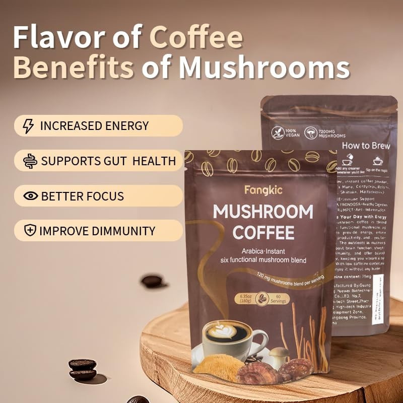 “Instant Organic Mushroom Coffee, 6.35oz (60 Servings) 6 in 1 Medium Roast Cof..