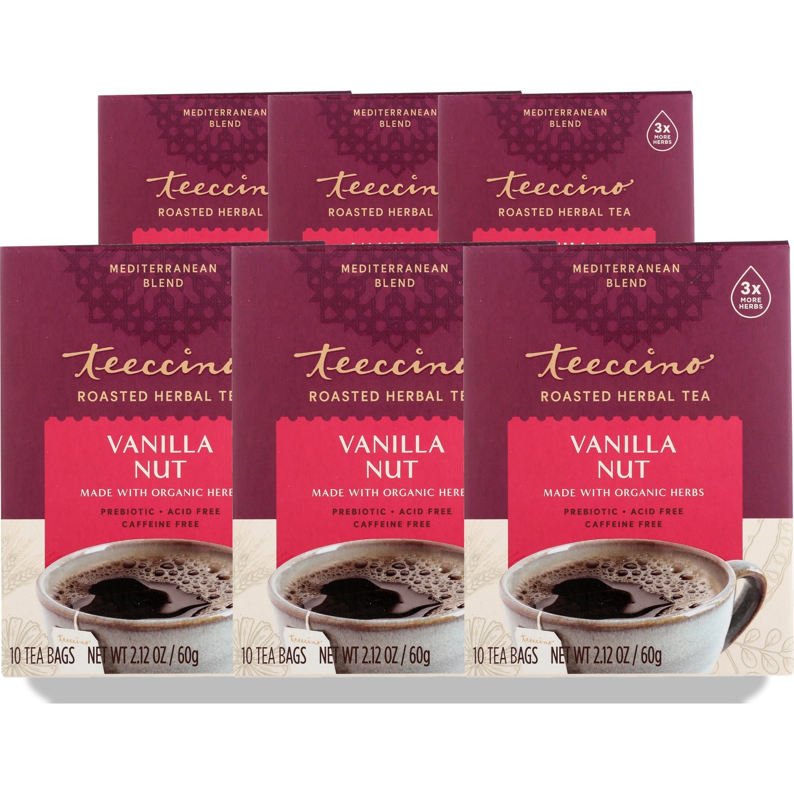 Teeccino Roasted Herbal Tea Vanilla Nut 10 Bags Coffee 6 Pack