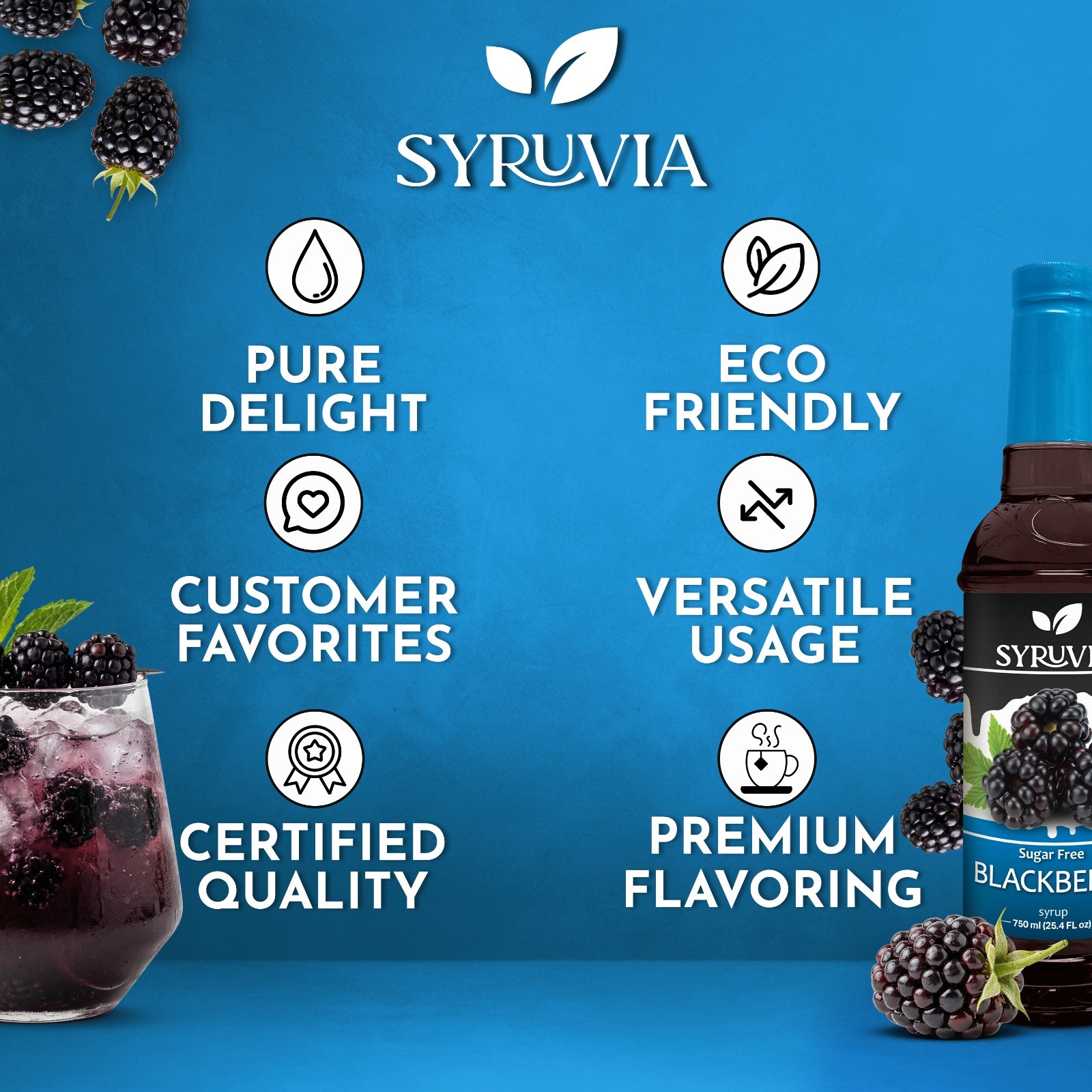 Syruvia Sugar Free Blackberry Syrup 25.4 fl oz, for Beverages, Desserts, & More