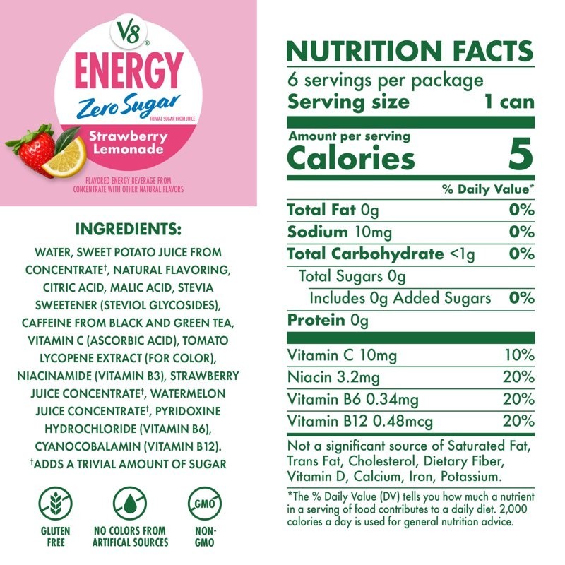 V8 +Energy Diet strawberry Lemonade Juice Energy Drink 8 fl oz can (6 Pack)….