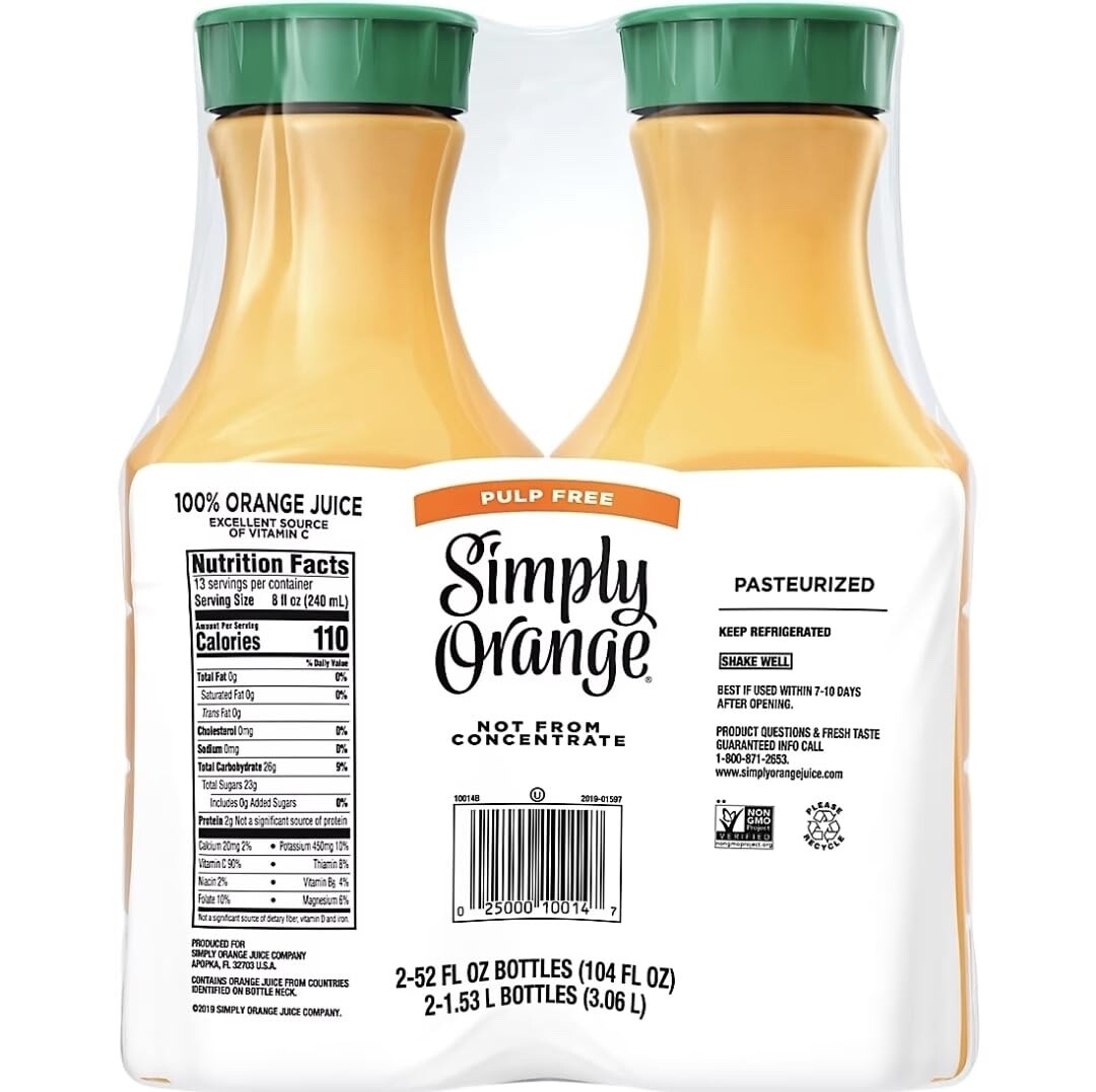 Simply Orange Pulp-Free Orange Juice, 52Oz (Pack Of 2)