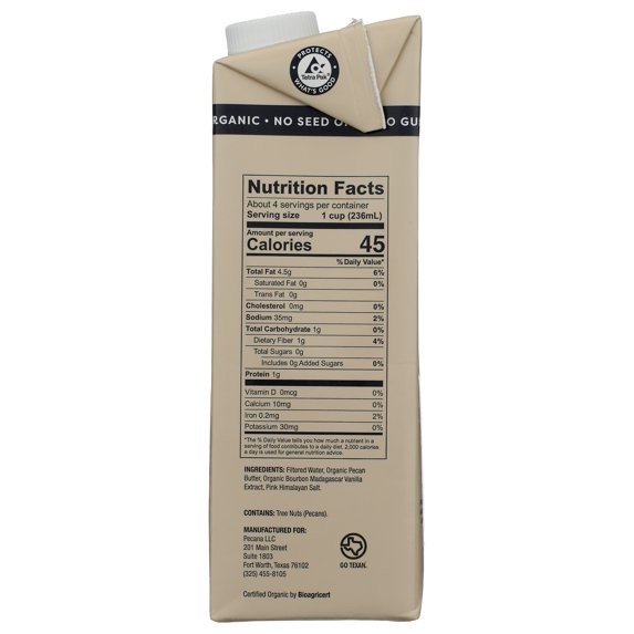 Pecana USDA Organic Unsweetened Vanilla Pecan Milk, 32 fl oz Carton