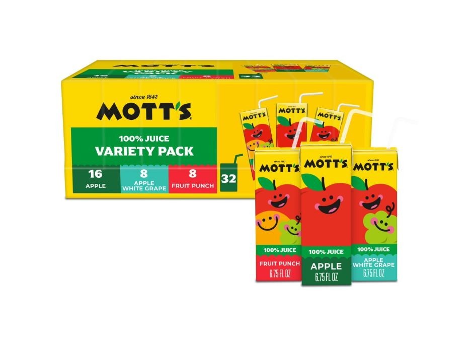 Mott’s 100percent Apple Juice Variety Pack, 6.75 fl oz, 32 Count Boxes.