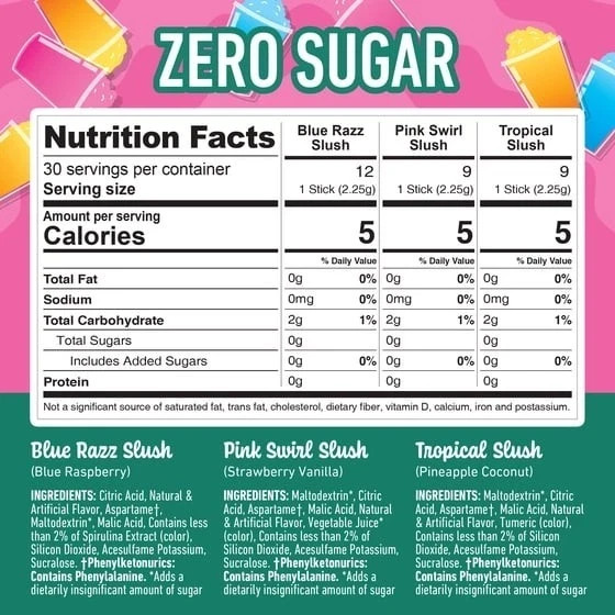Crush Slush Powder Drink Mix Variety Pack, Blue Razz, Pink Swirl & Tropical, 30
