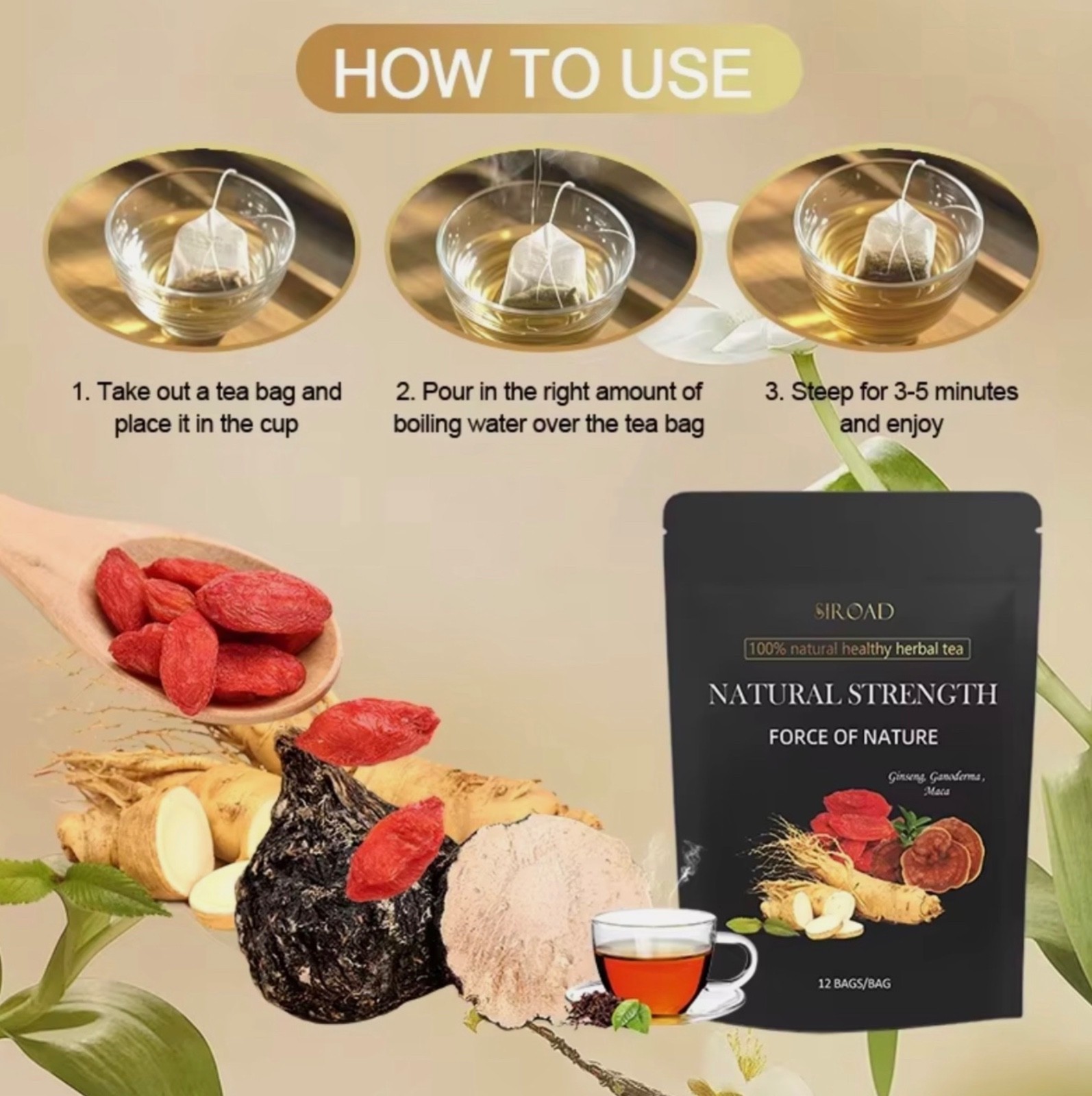 Healthy Men Tea, Kidney tea, Ginseng Maca Tea, 12ct Natural Wolfberry & Mulberry