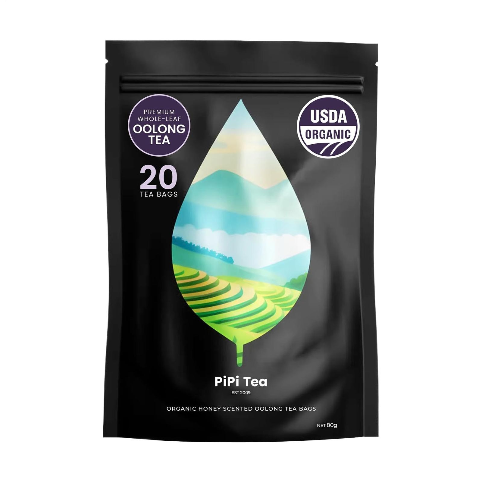1 PACK PiPi Tea Organic Oolong Tea Bags – Whole Leaf, 20 Bags (4g Each)