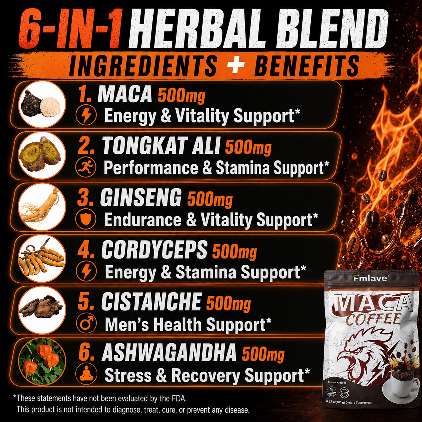Maca Coffee for Men Herbal Supplement Energy Coffee Ginseng Ashwagandha Cordycep