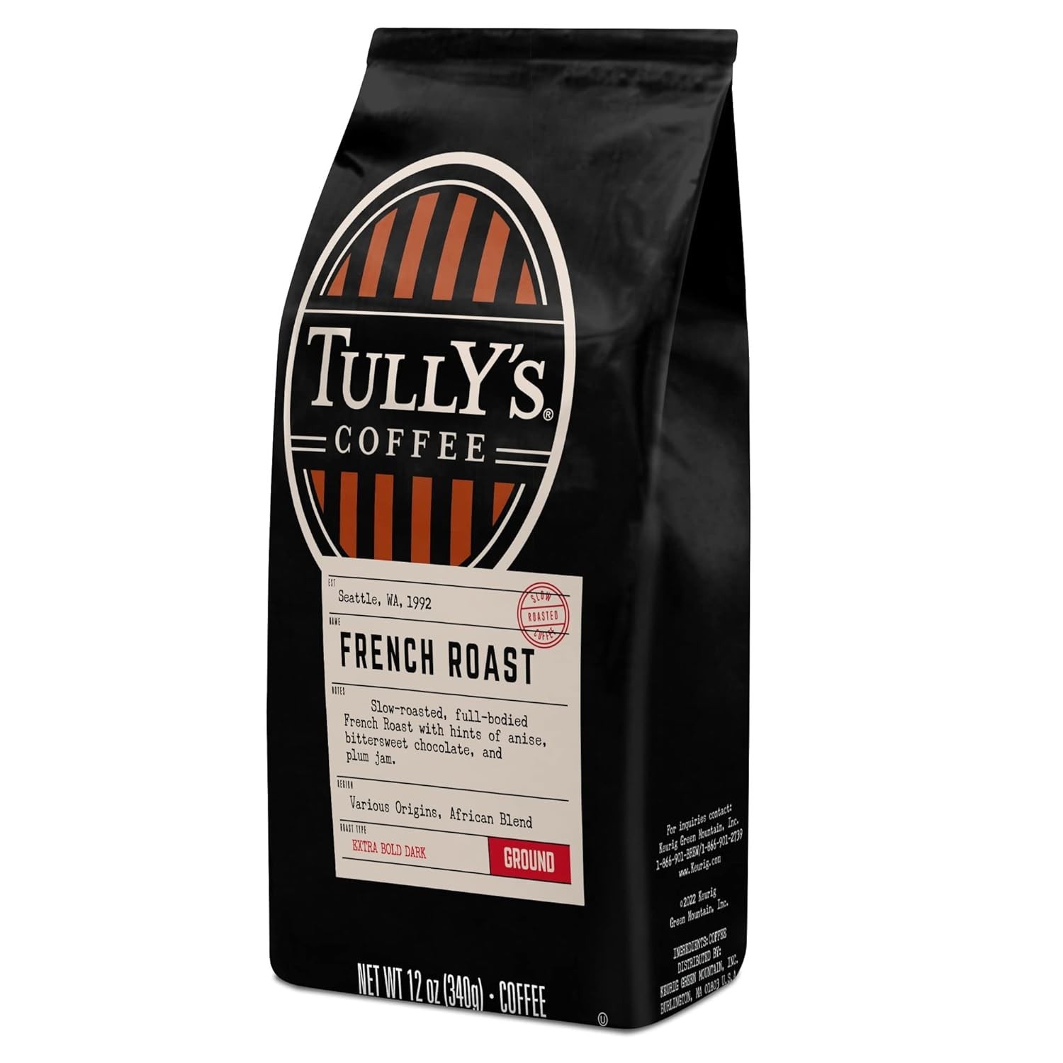 Tully’s Coffee French Roast, Ground Coffee, Dark Roast, Bagged 12oz (Pack of 3)