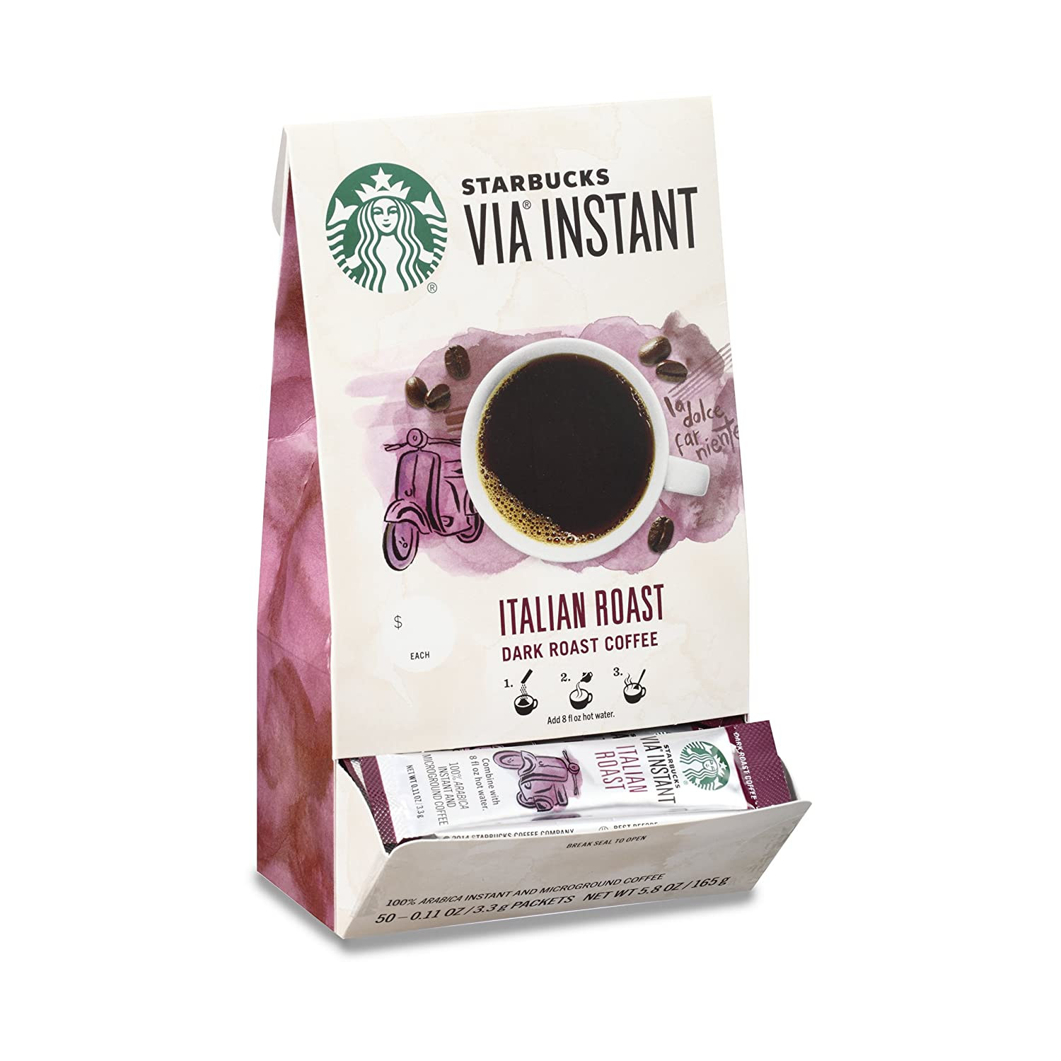 Starbucks via Instant Coffee Dark Roast Packets French 100% Arabica 50 Packets