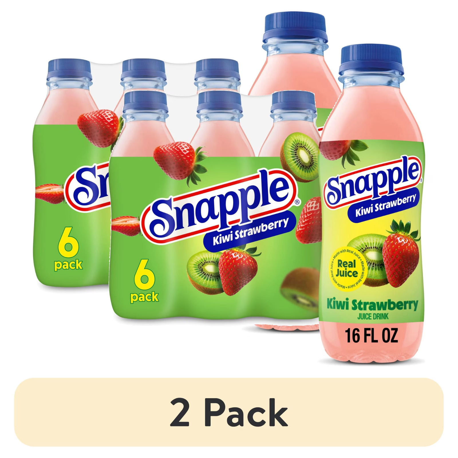 (2 pack) Snapple Kiwi Strawberry Juice Drink, 16 fl oz, 6 Count Bottle.