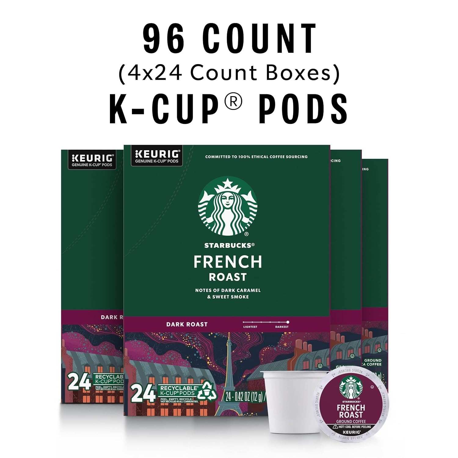 Starbucks French Roast Dark Roast K-Cup Pods 96 Count Keurig Hot or Iced Coffee