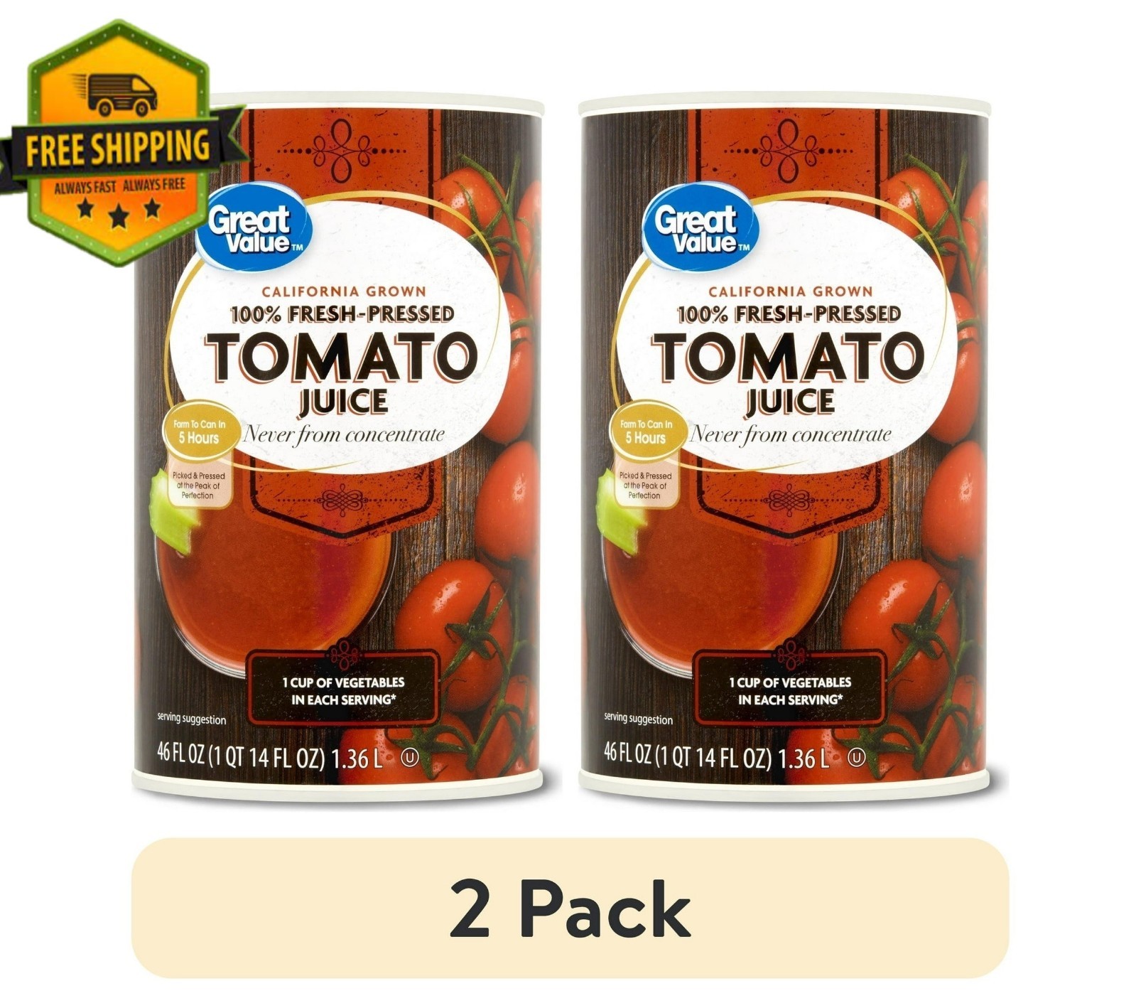 Great Value Fresh Pressed Tomato Juice 46oz 100% Natural Drink (2-Pack)