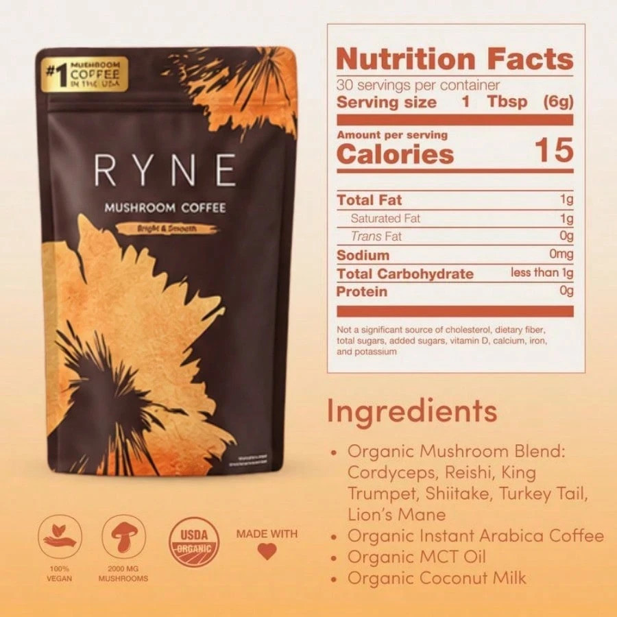 3 Pack Organic Ryne Mushroom Coffee 90 SERVINGS Instant Coffee New Energy Bundl