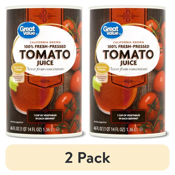 Great Value Fresh Pressed Tomato Juice 46oz 100% Natural Drink (2-PACK)
