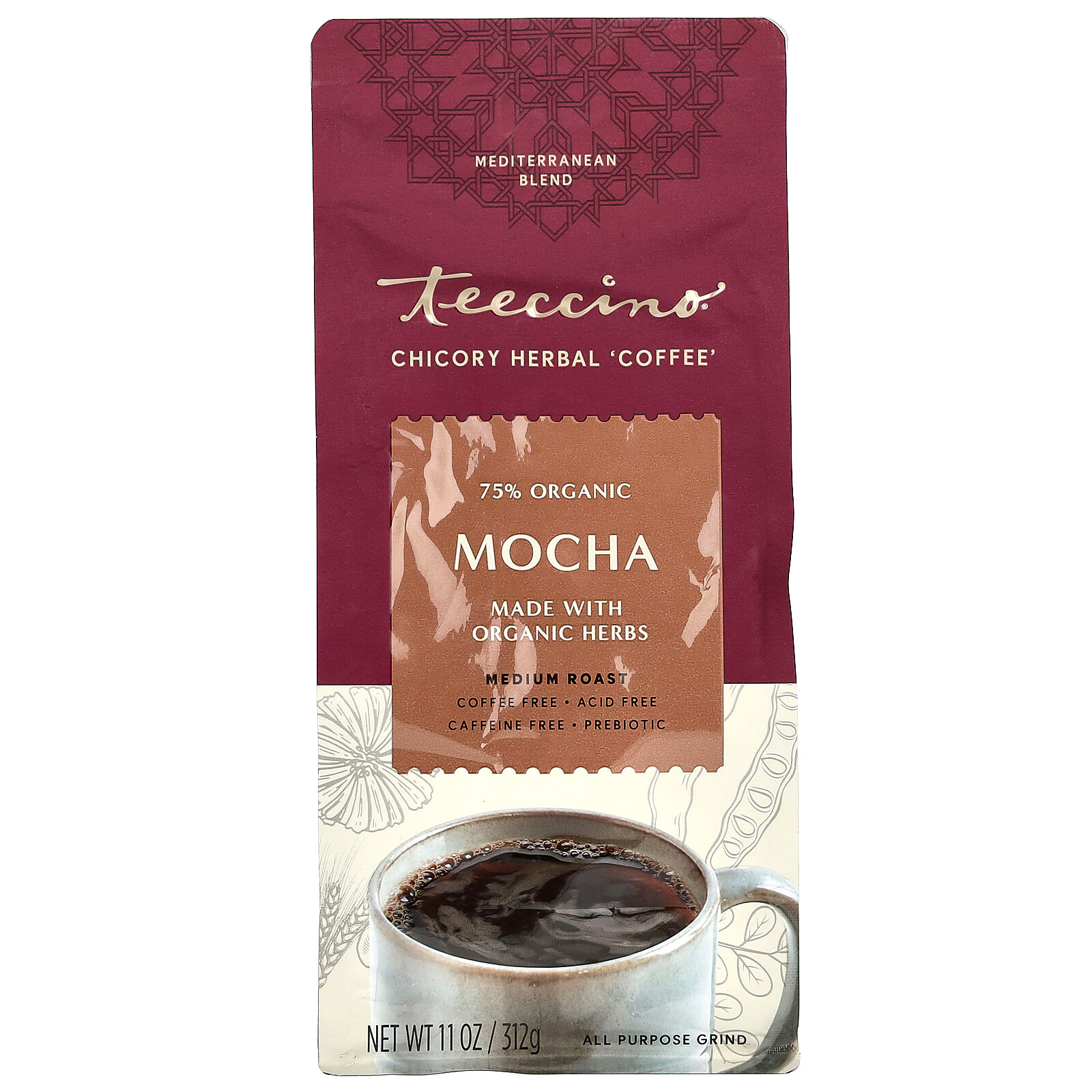 Teeccino Mocha Medium Roast Coffee Caffeine Free 11 oz 312 g Caffeine-Free &