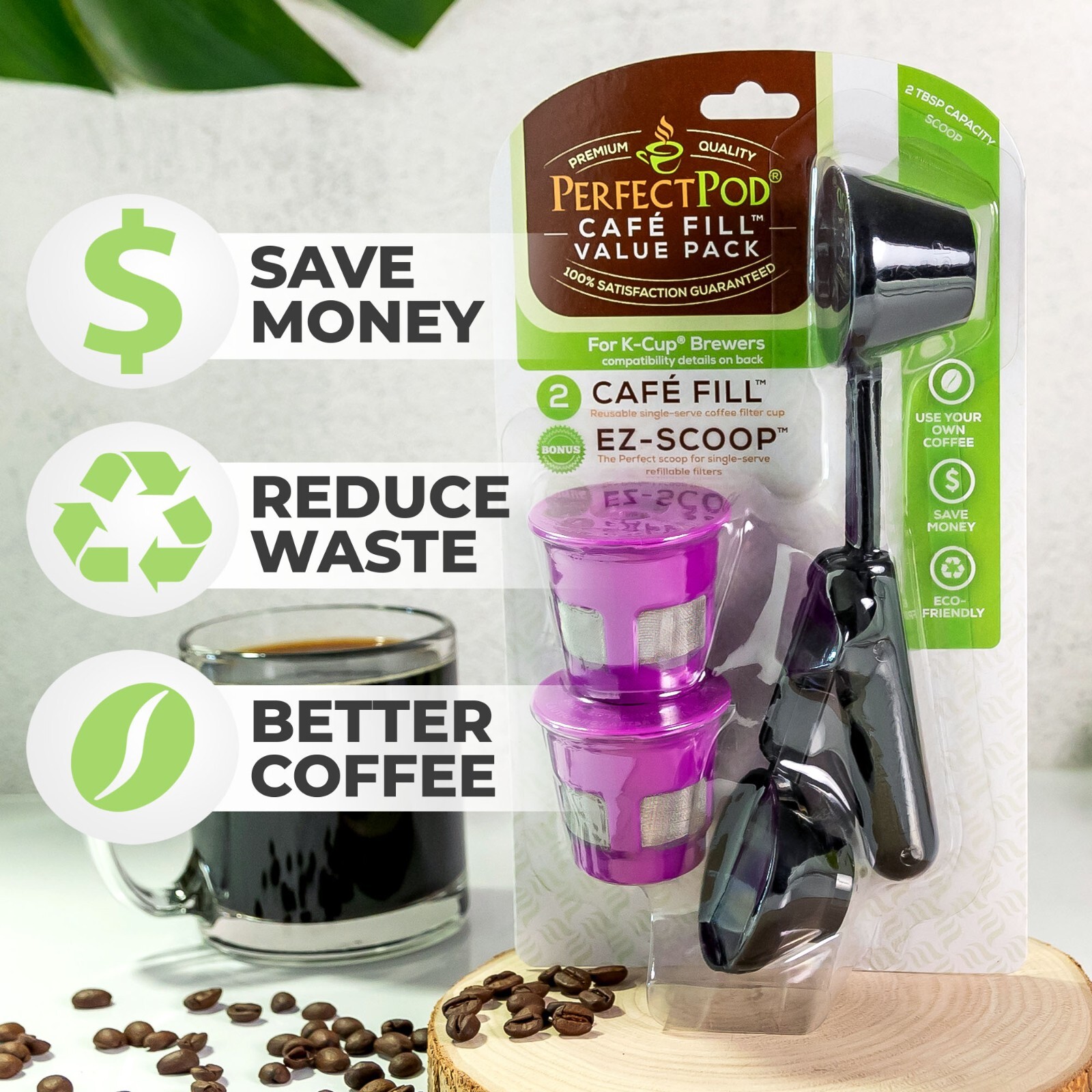 Cafe-Fill Value Pack by Perfect Pod 2 Reusable K-Cup Coffee Filter +Coffee Scoop