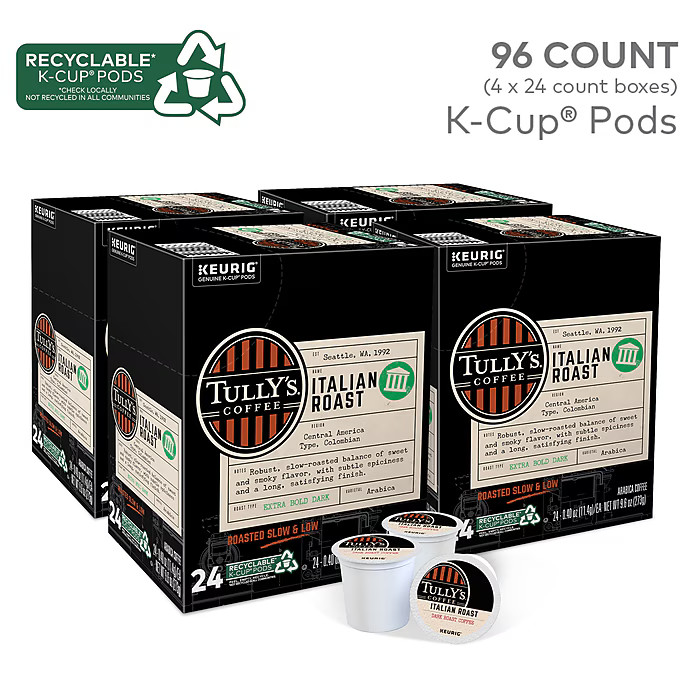 Tully’s Italian Roast Coffee Keurig K-Cup Pods,Dark Roast, 96/Carton