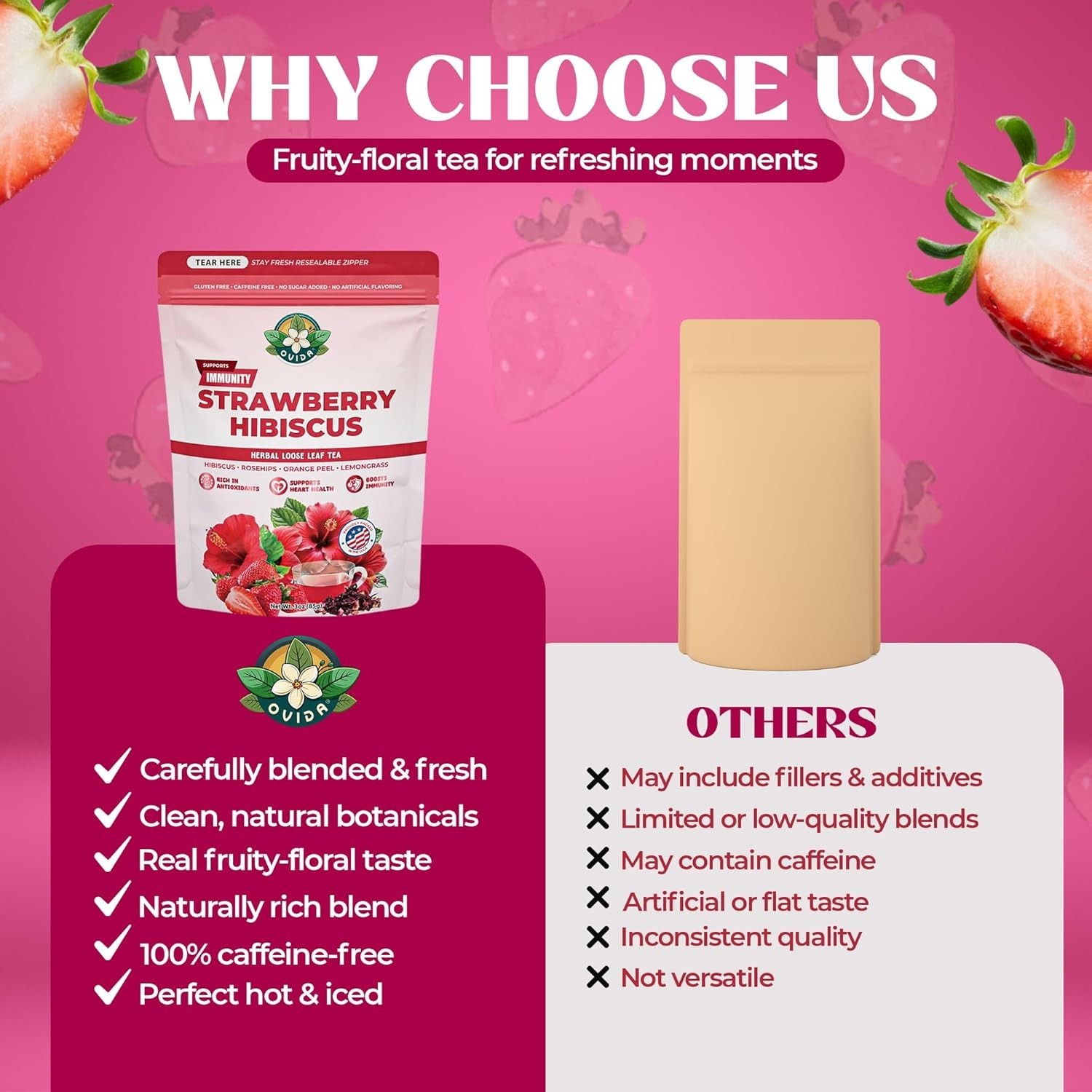 Strawberry Hibiscus Tea, Caffeine-Free Antioxidant Herbal Blend, Loose Leaf 3oz,