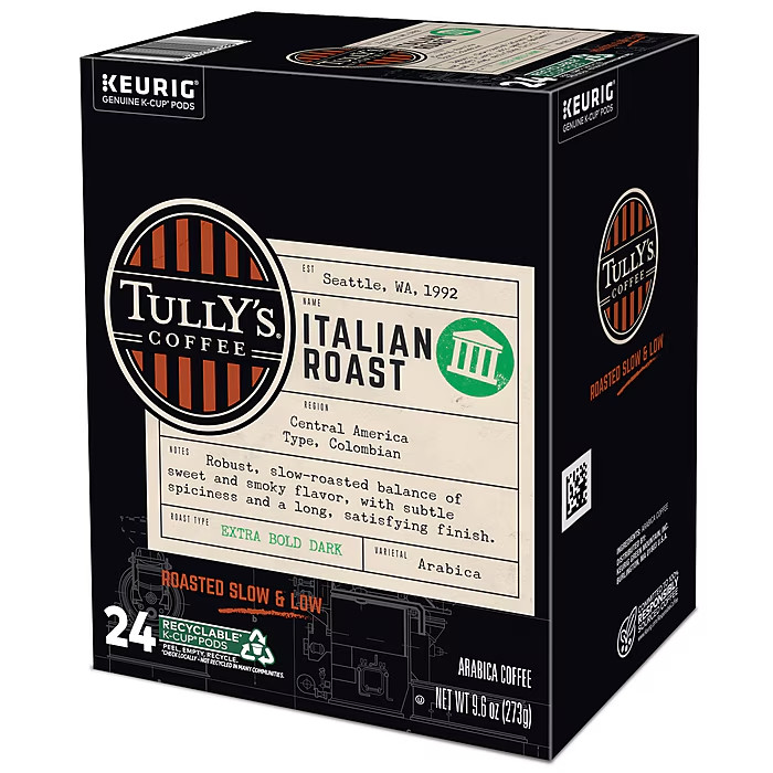 96 Tully’s Italian Roast Coffee Keurig Single-Serve K-Cup Pods Dark Roast 96 Ct.
