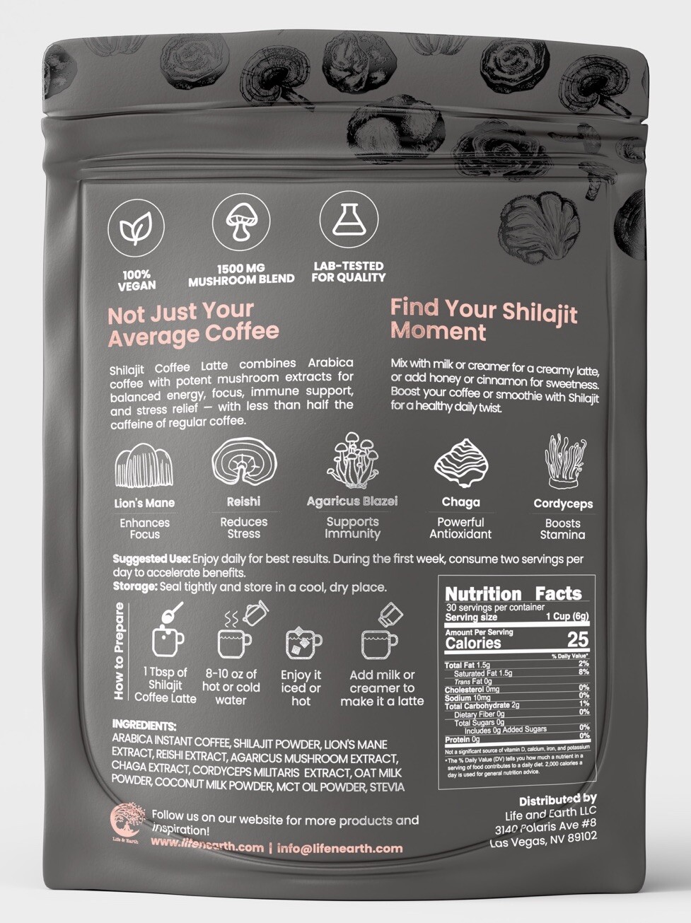 Mushroom Coffee Latte With Shilajit Organic New 30 SERVINGS