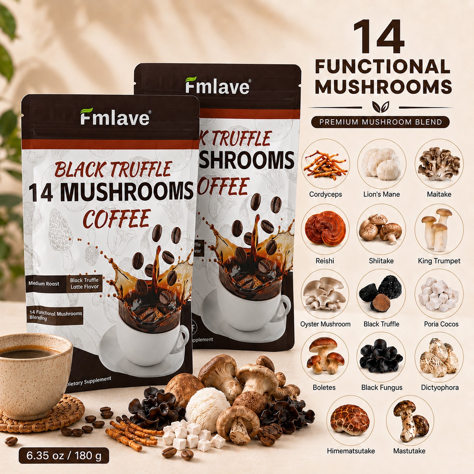 14 in 1 Mushroom Coffee Organic Instant Coffee Boost Energy Focus, Bright Smooth