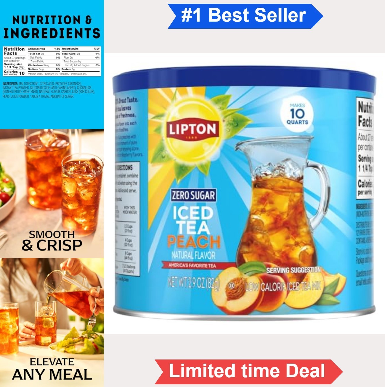 Diet Peach Iced Tea Mix Powder 10 Quarts Zero Sugar Caffeinated Instant Drink
