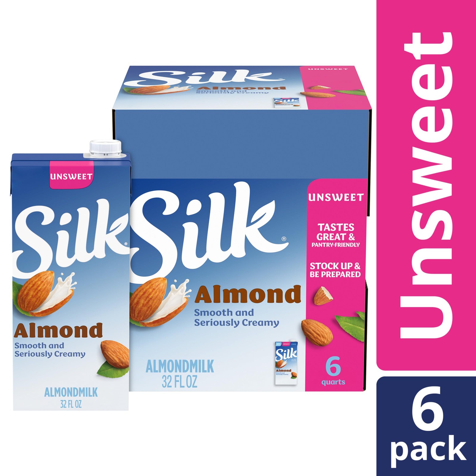 Silk Shelf-Stable Almond Milk, Unsweetened, Dairy-Free, 32 Fl Oz (Pack of 6)