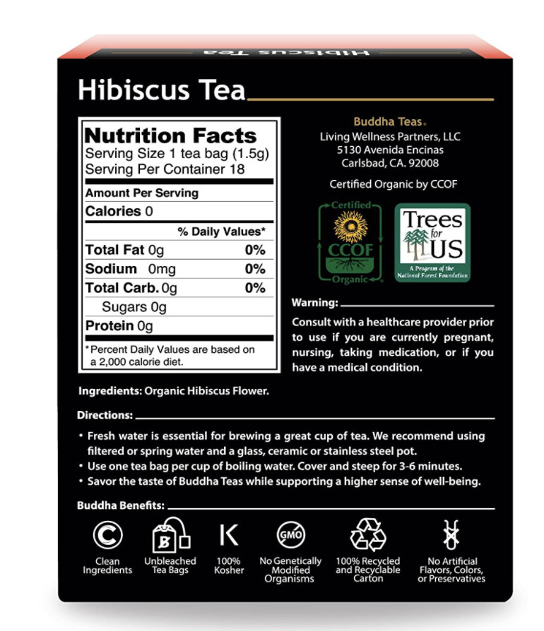 Buddha Teas Organic Hibiscus Tea 18 Bags Kosher Caffeine Free