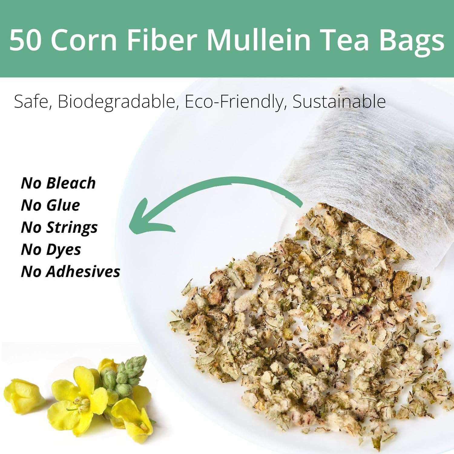 50 Mullein Tea Bags for Lungs, 100% Pure Mullein Leave Tea, Lung Detox Cleanse