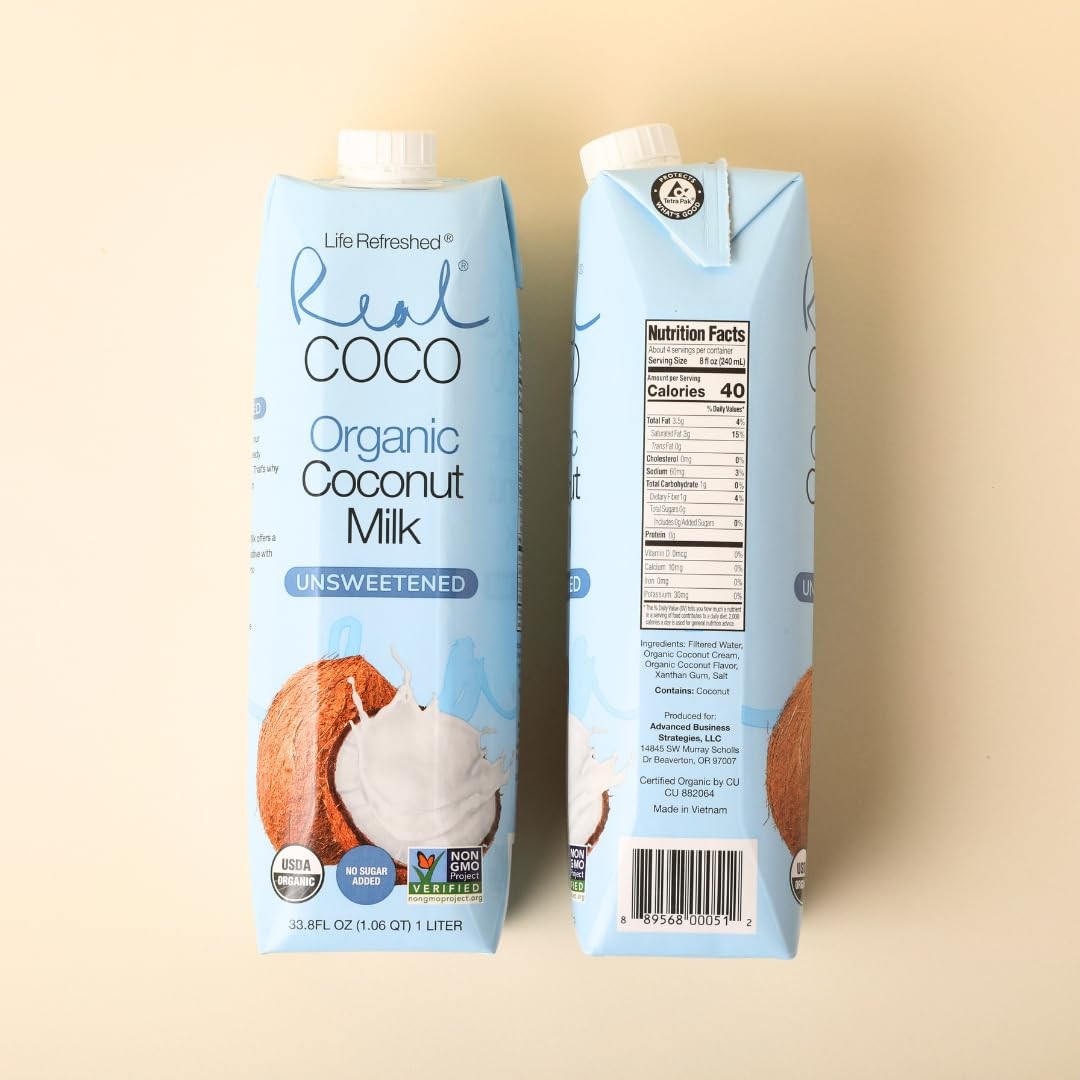 Real Coco Organic Original Coconut Milk Beverage 33.8 Fl Oz (Pack of 6)
