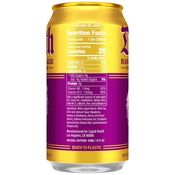 Liquid Death Raspberry Rage Iced Tea 6-Pack 12oz Cans Less Sugar Caffeinated