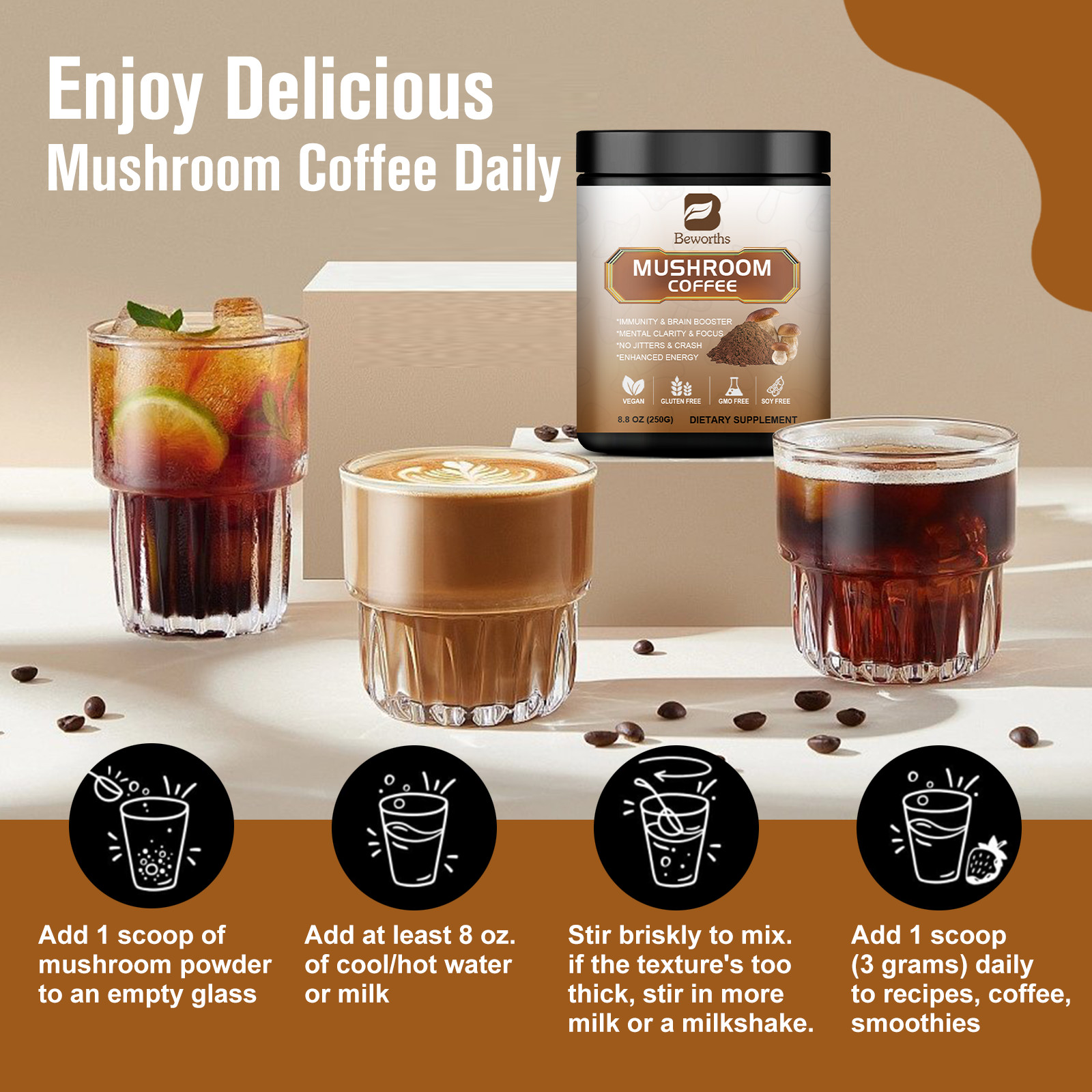 10 in 1 Organic Mushroom Coffee Extract 500g 80 Servings Brain Memory Health US