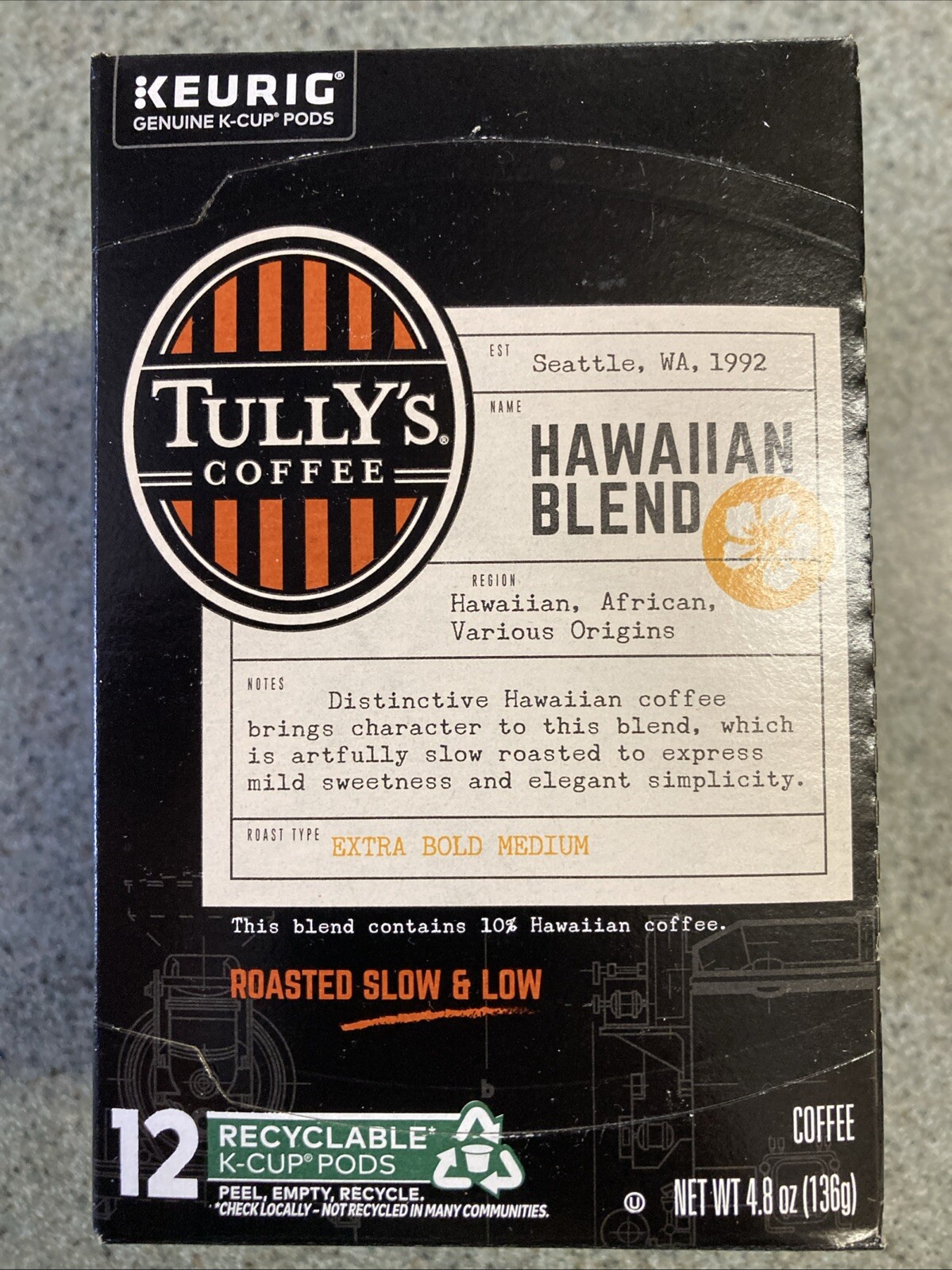 Tully’s Coffee Coffee Pod, Hawaiian Blend – 12 K Cups Best By 5/26