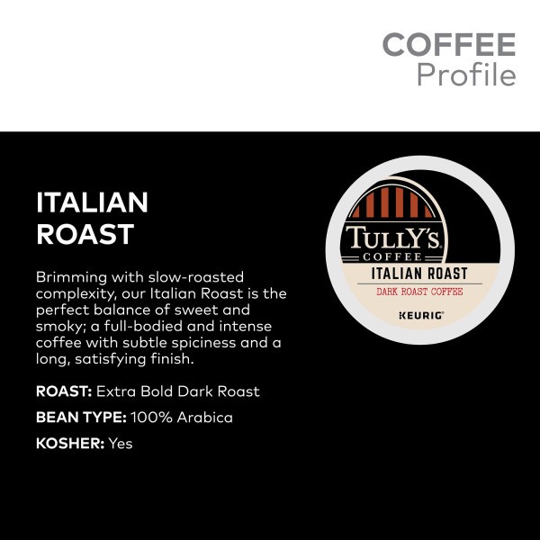 Tully’s Coffee Italian Roast, Keurig K-Cup Pod, Dark Roast, 96 Count