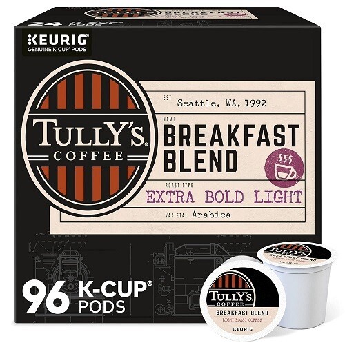 Tully’s Coffee Breakfast Blend Keurig K-Cup Pods, Light Roast Coffee, 96 Count