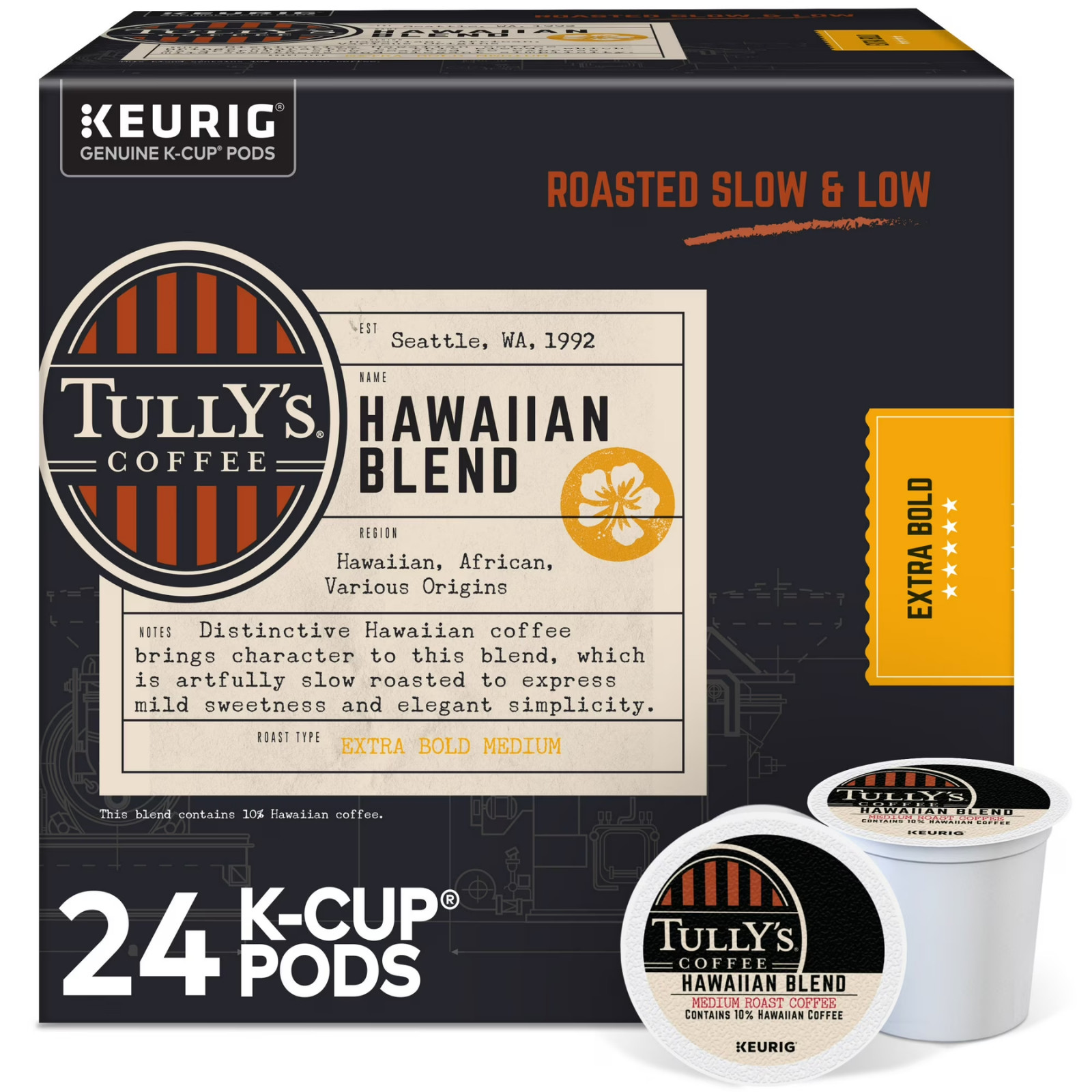 Tully’s Coffee Hawaiian Blend K-Cups – Medium Roast – 24 Count Box – NEW
