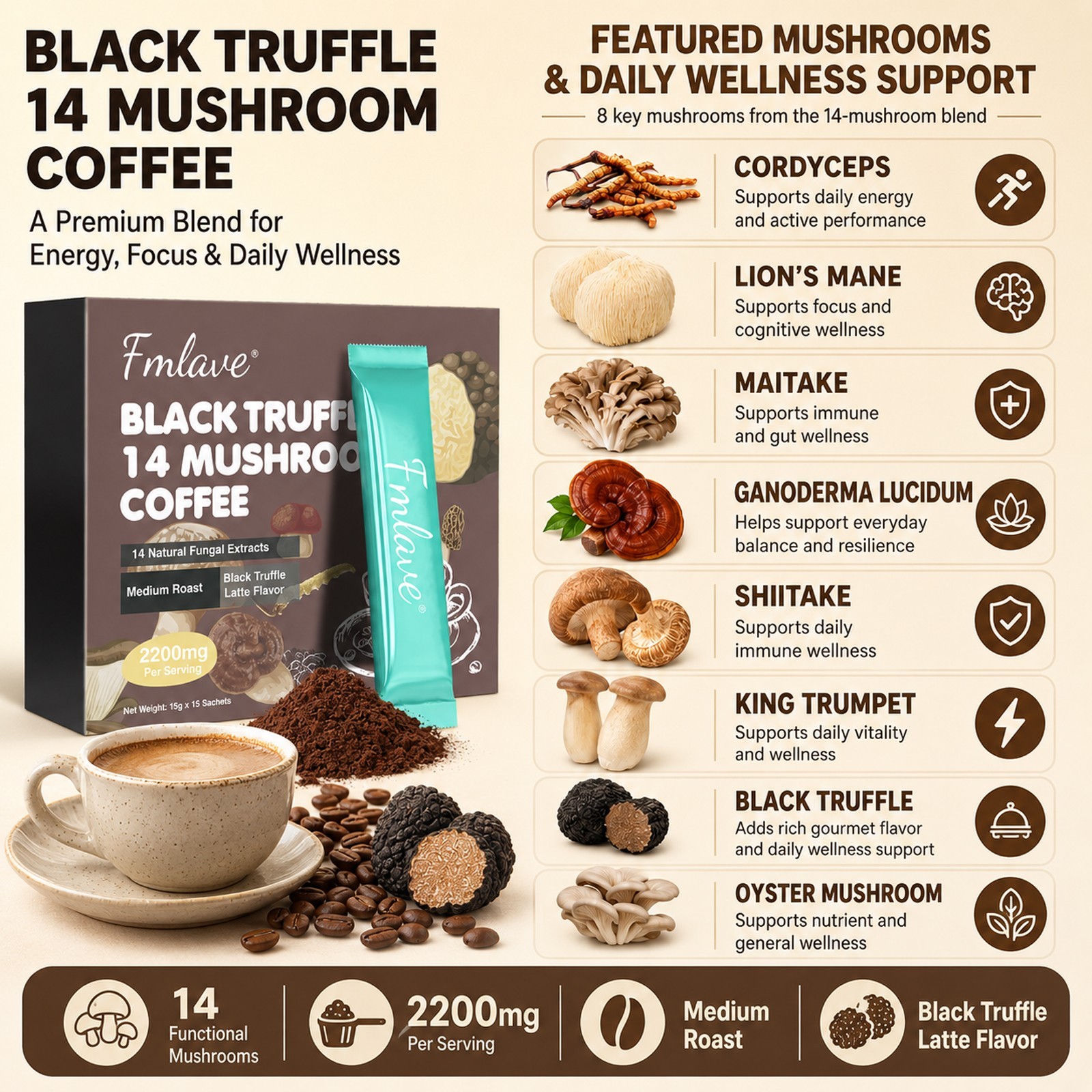 14-in-1 Organic Mushroom Coffee – Instant Coffee for Better Energy, Brain Boost