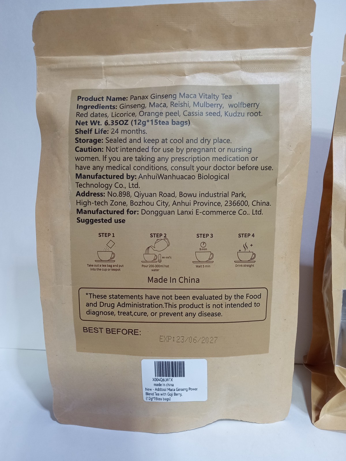 Addtool Panax Ginseng Maca Vitality Herbal Tea Caffeine Free 15 Tea Bags 6.35oz