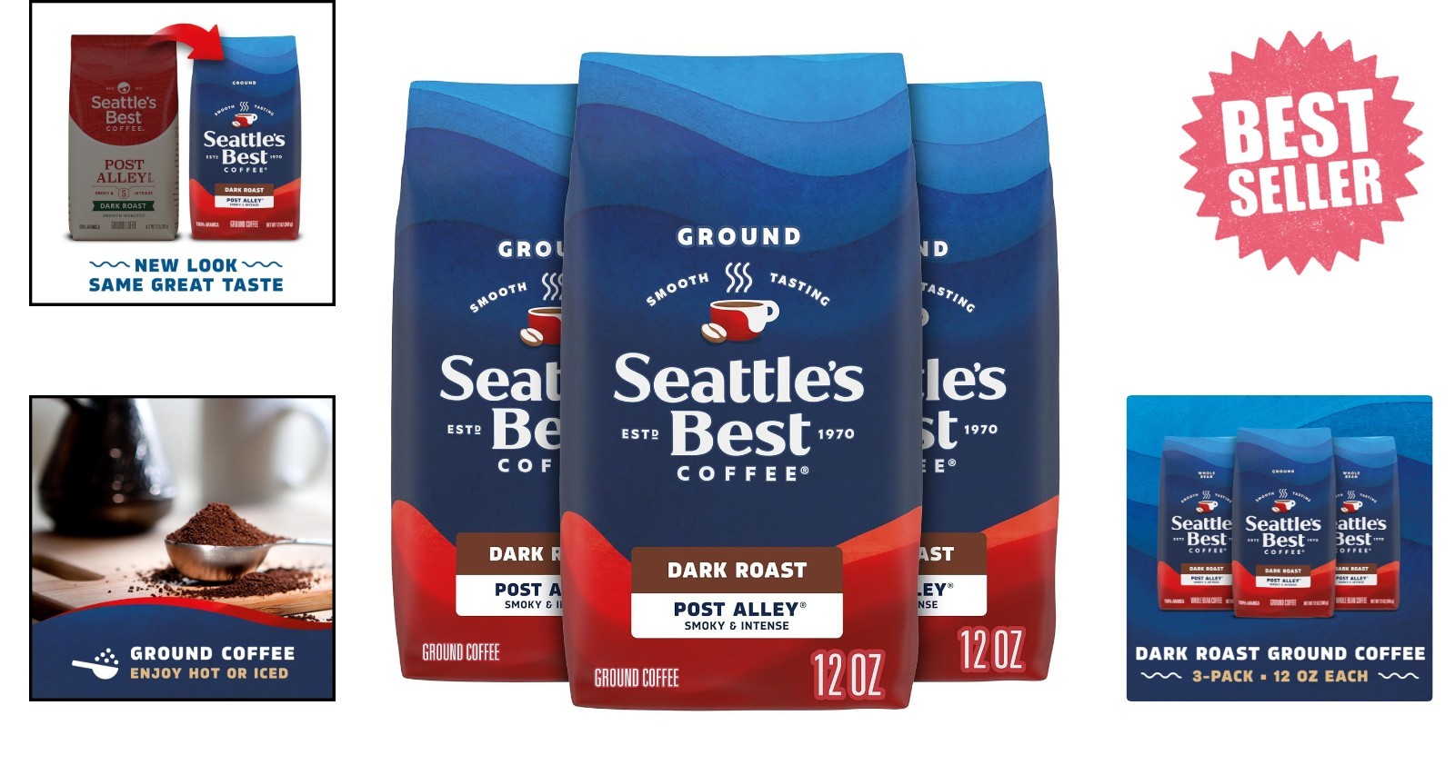 Smooth & Rich Seattle’s Best Dark Roast Coffee – 3 x 12 oz Bags of 100% Arabica