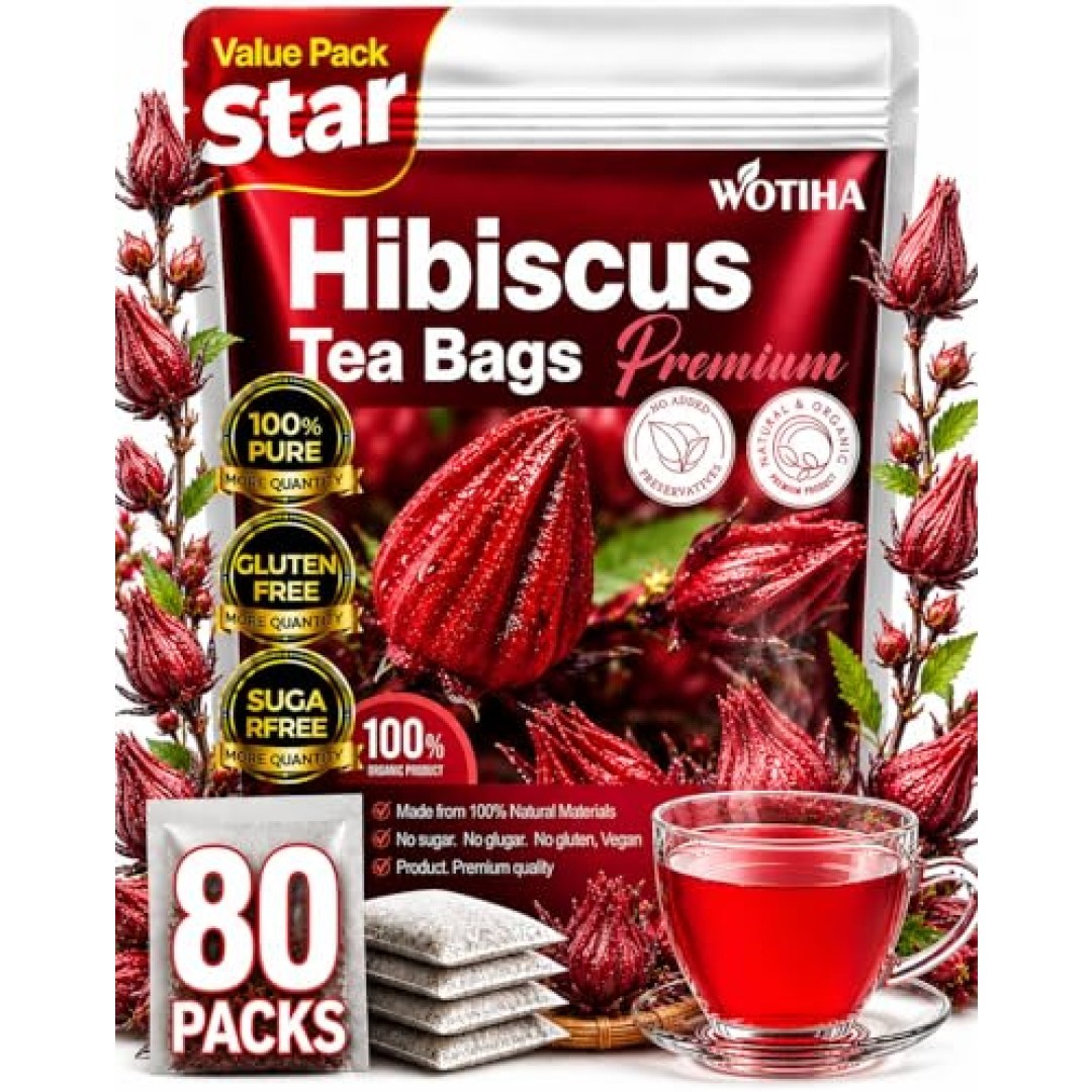 Premium 80 Hibiscus Flowers Tea Bags, 100% Natural, Handmade & Pure from Hibi