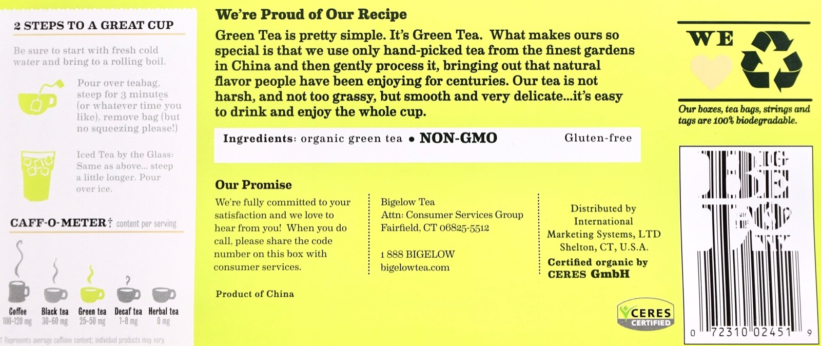 Bigelow Premium Chinese Green Tea 100% USDA Organic, Individually Wrapped