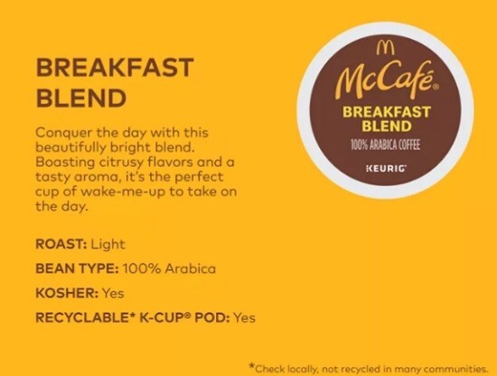 McCafé Breakfast Blend Coffee, Light roast, 96 count. Free Shipping