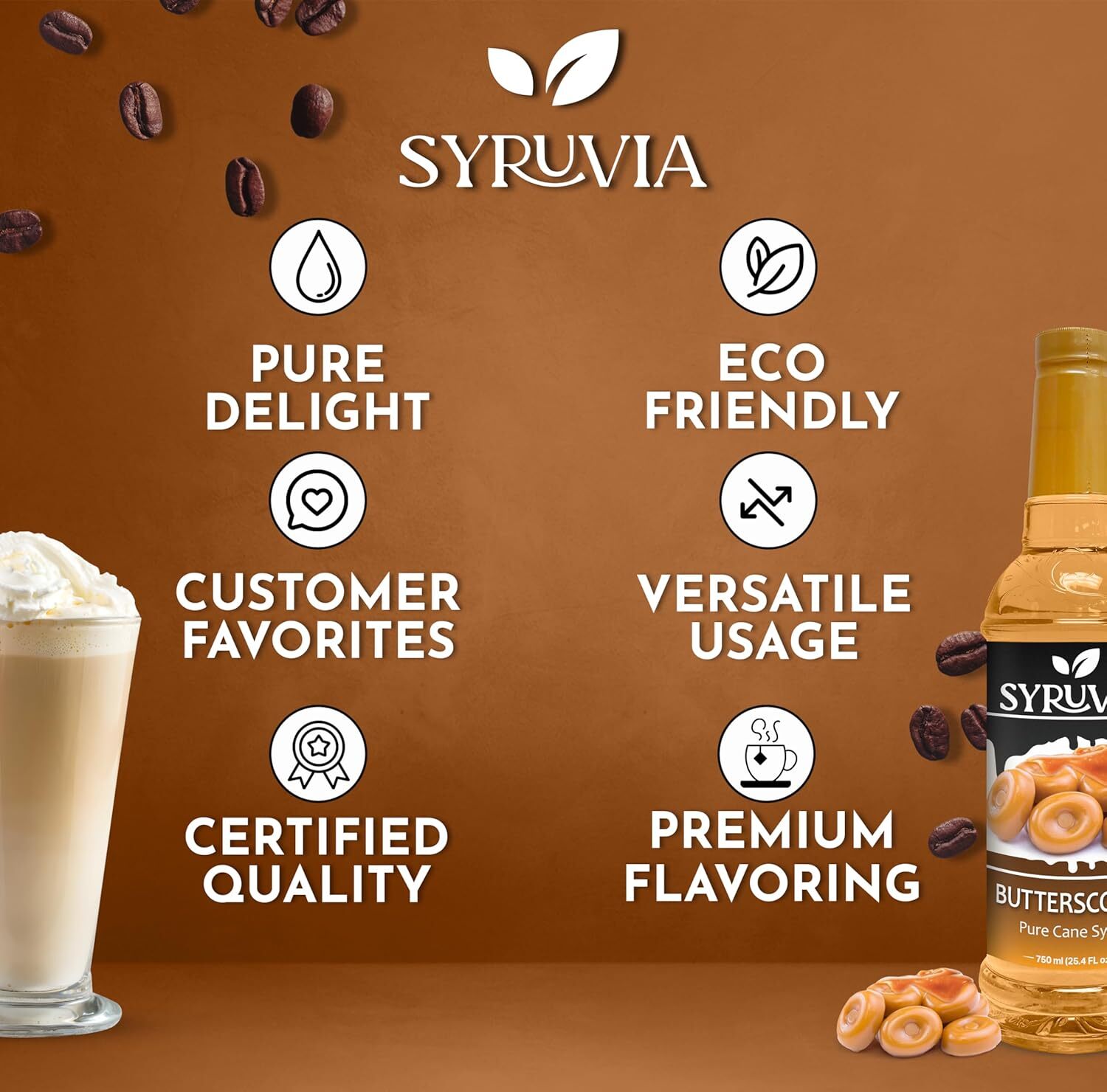 Syruvia Butterscotch Syrup 25.4 fl oz, Kosher, Perfect for Coffee & More