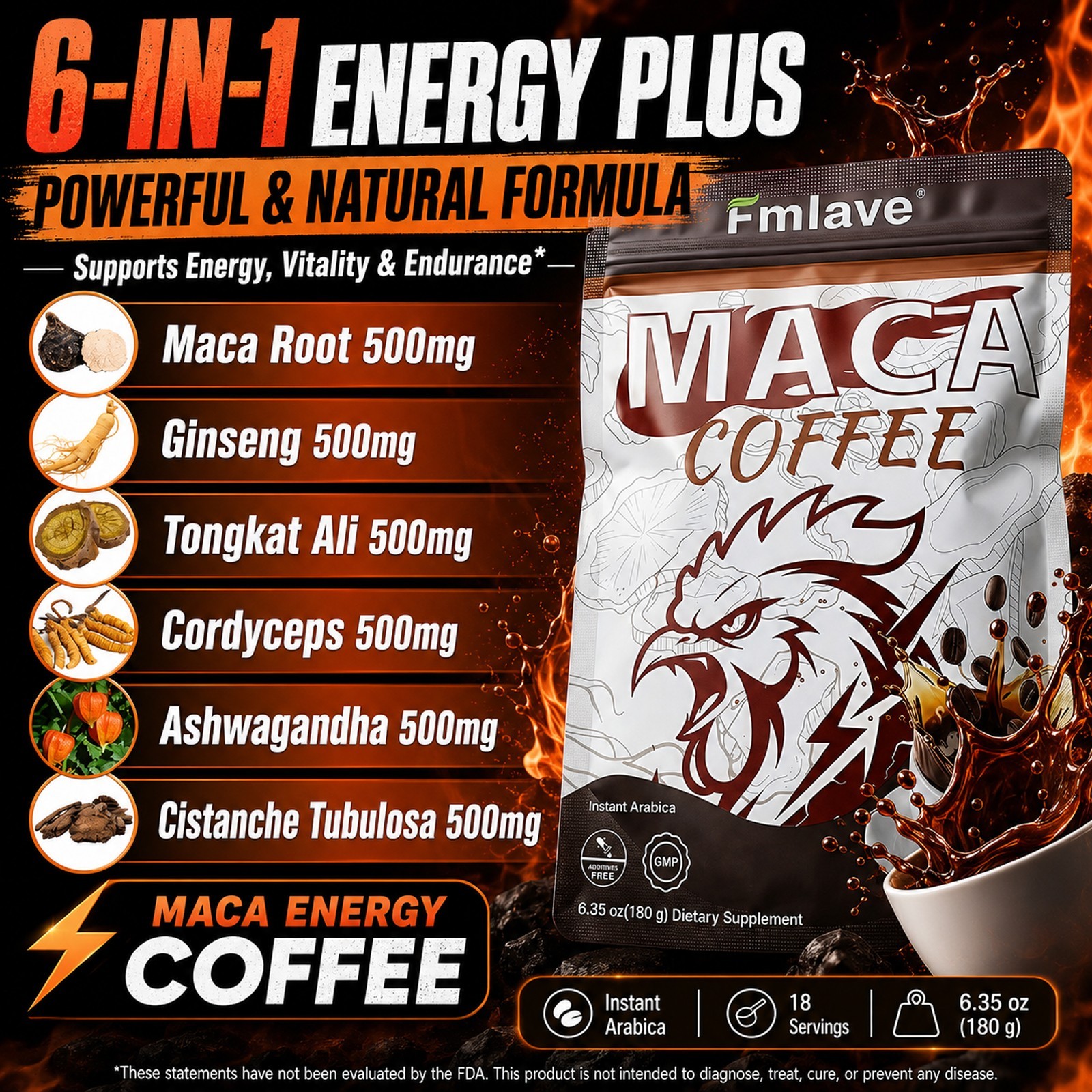Men’s Energy Enhance Coffee Instant Coffee with Maca Ginseng Ashwagandha 6.35 oz
