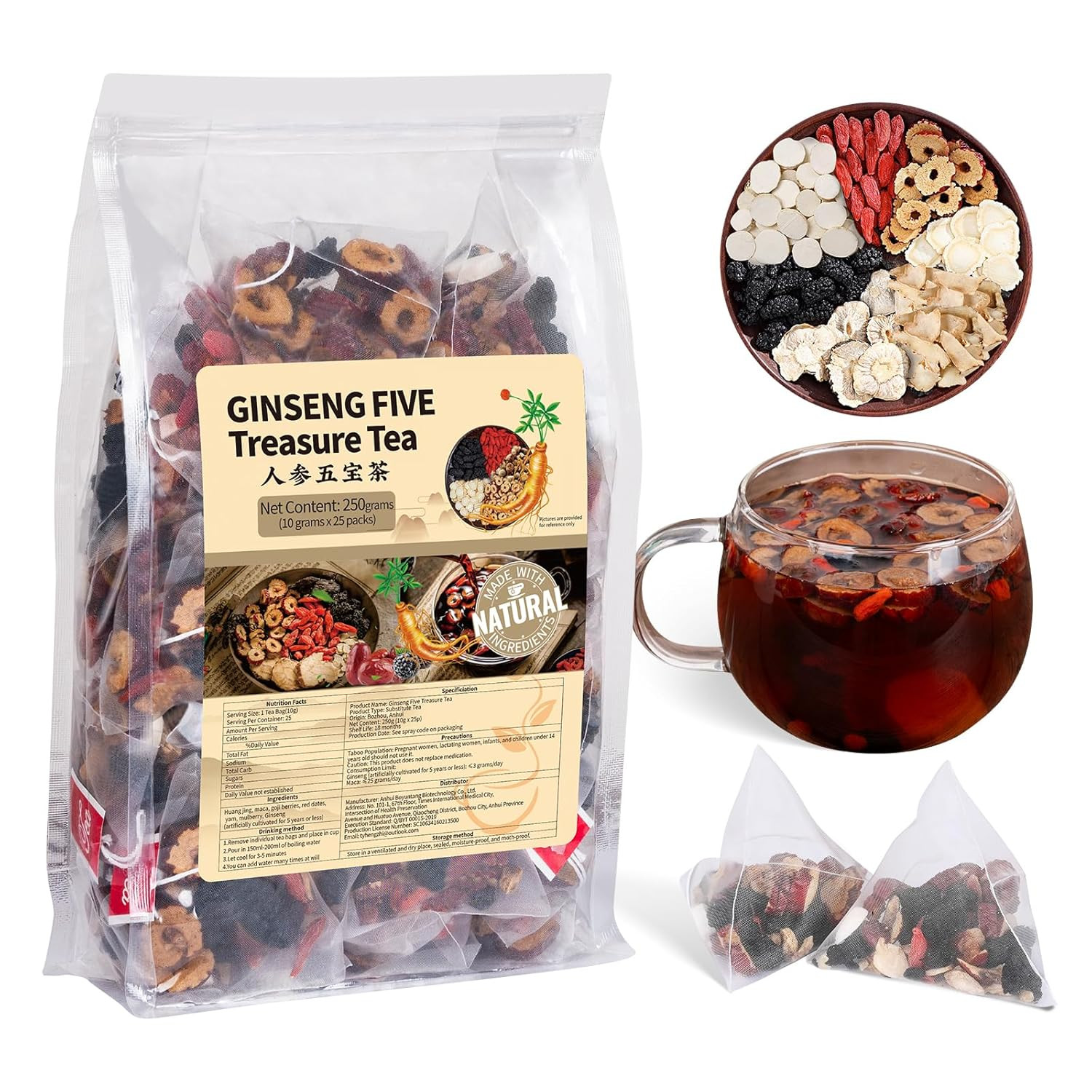 Ginseng Five Treasures Kidney Tea, Traditional Chinese Herbal Teabags, Natural O